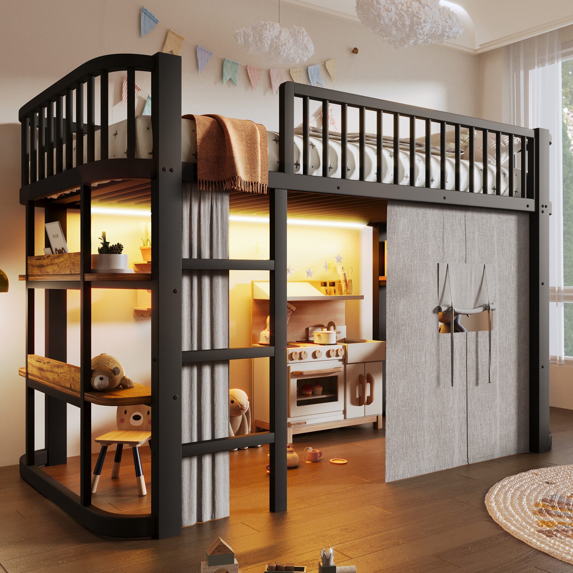 Ulife Hochbett 90x200cm mit Metallrahmen und Verdunkelungsvorhängen, Kinderbett (Ohne Matratze) mit Individuell anpassbare untere Ebene, LED‑Beleuchtung, Schwarz