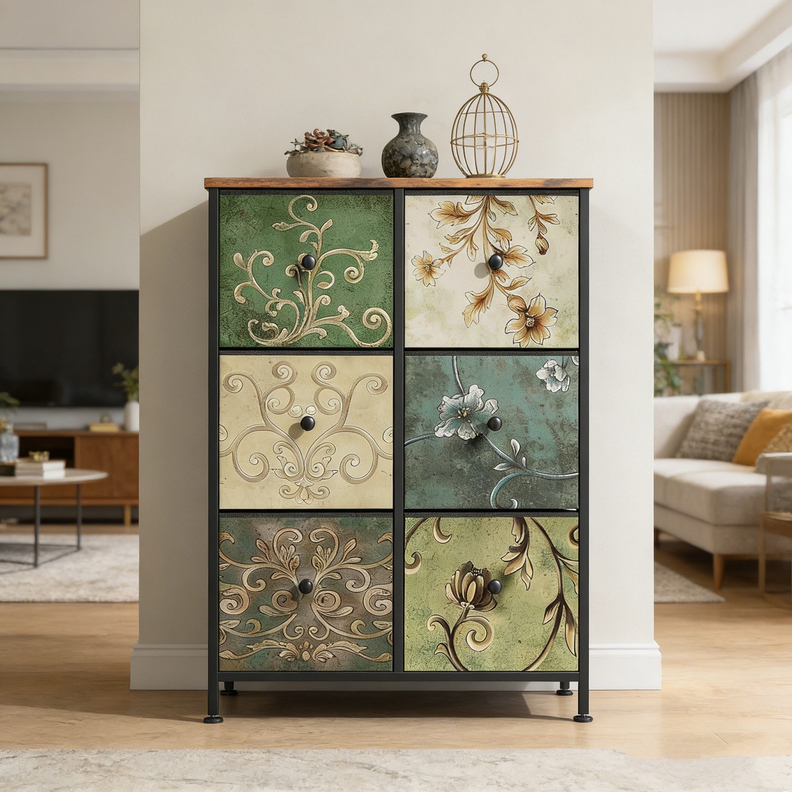 Simurq Möbelkufe Kommode Sideboard Retro Stoff, für Schlafzimmer, Flur, Wohnzimmer, (Kommode mit Schubladen, komode Schlafzimmer mit 6 Stoffschubladen), Kommode mit Stabiler Stahlrahmen,Breites TV-Möbel,Einfach zu Montieren