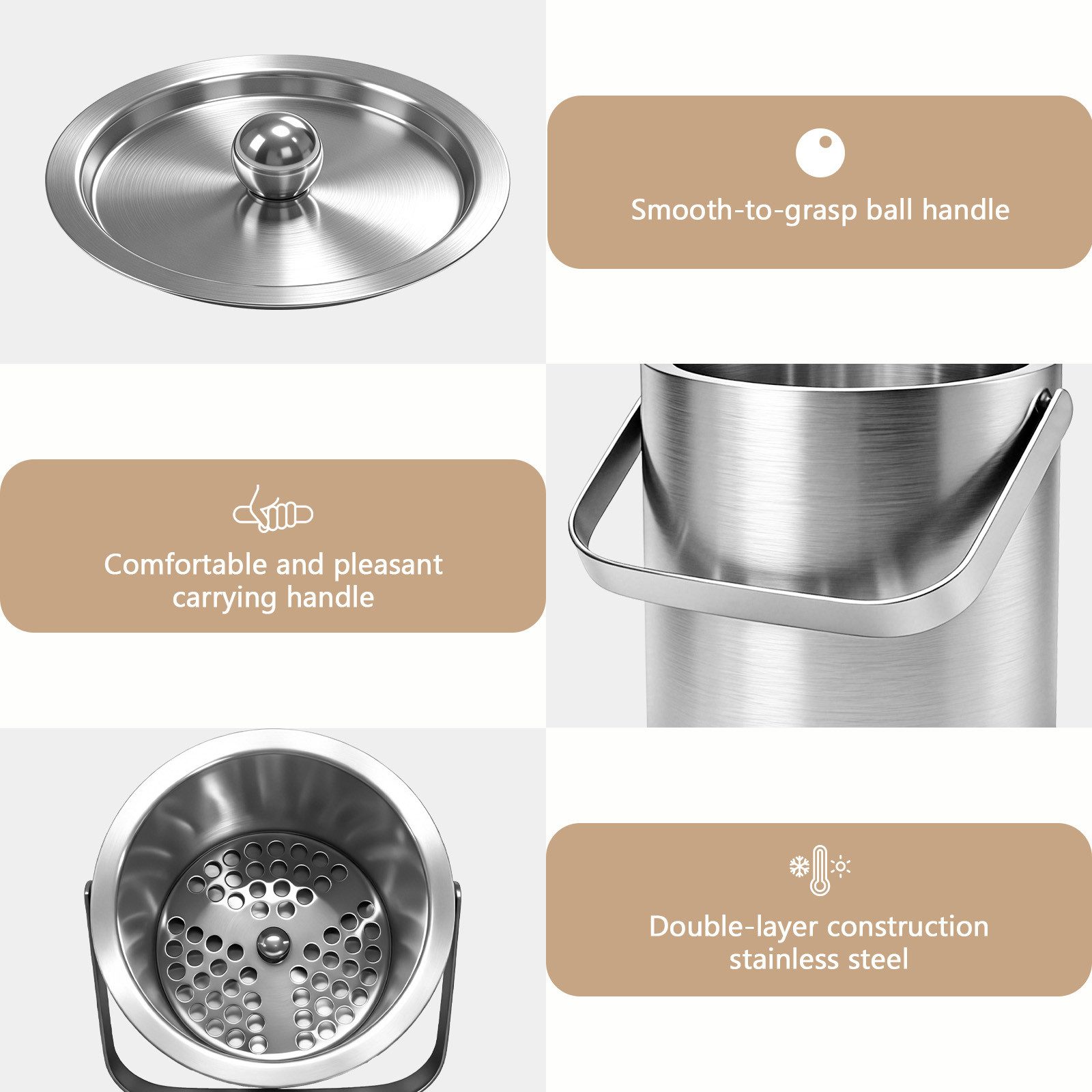 SunJas Eiseimer Eiswürfelbehälter 1.3L,Edelstahl Eiskübel mit Deckel und Zange, Eiskühler, doppelwandig isoliert mit Sieb