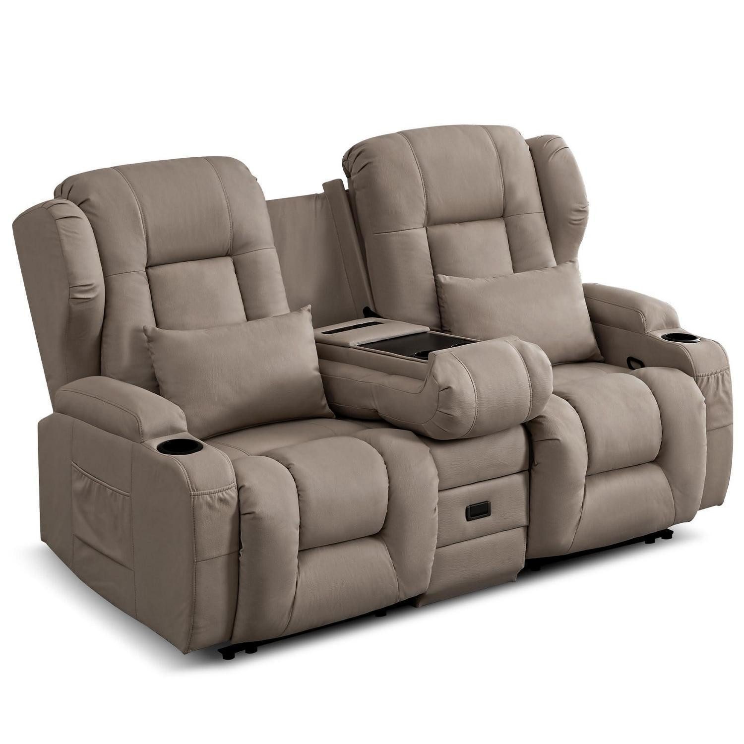 LuxusKollektion TV-Sessel Relaxsessel 2er Liegefunktion Leathaire Khaki Klappbare Mittelkonsole