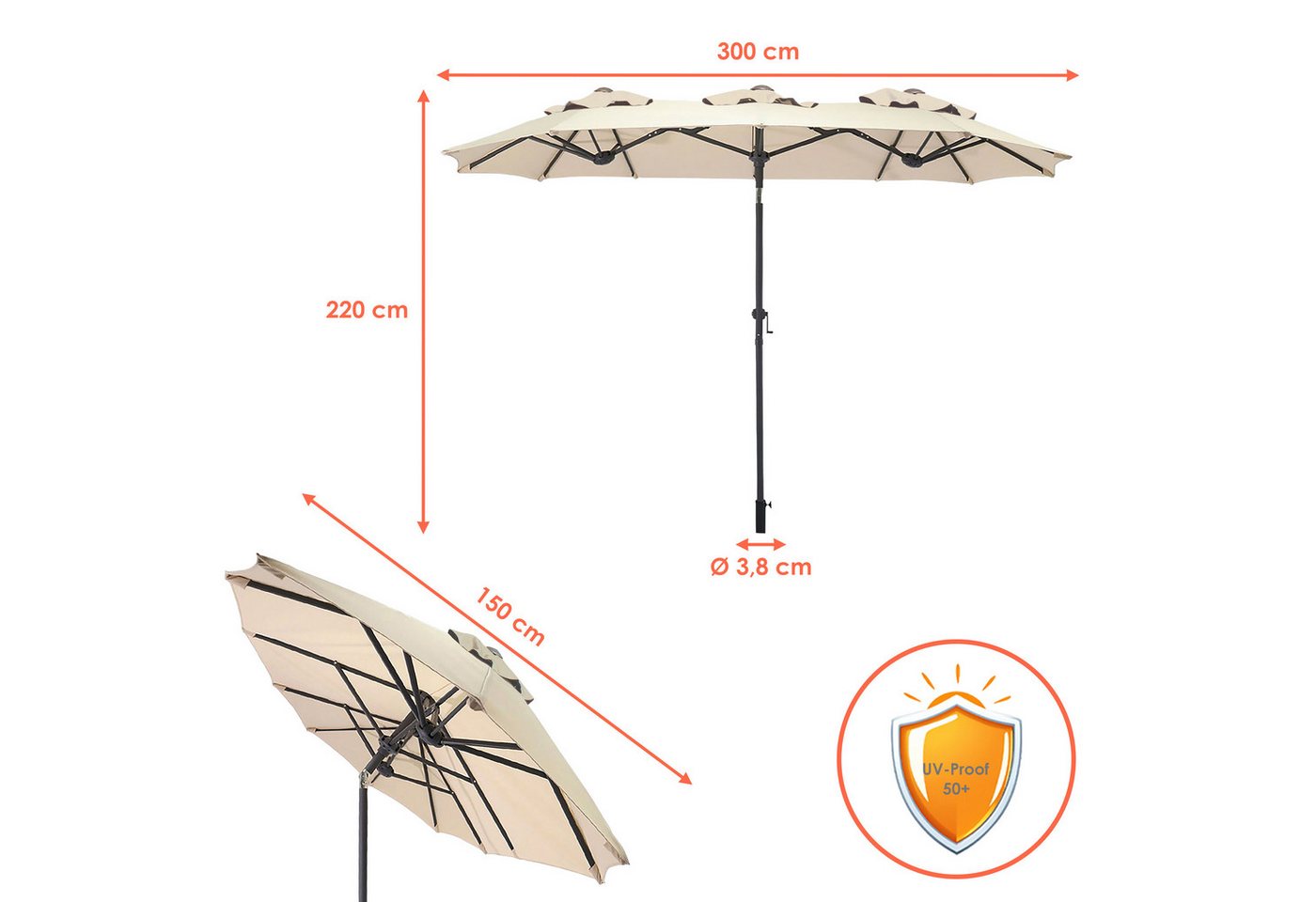 Thumbnail - Spetebo Sonnenschirm Doppel Sonnenschirm 300 x 150 cm - natur, LxB: 300.00x150.00 cm, Packung, mit Handkurbel, Drei Kupp...