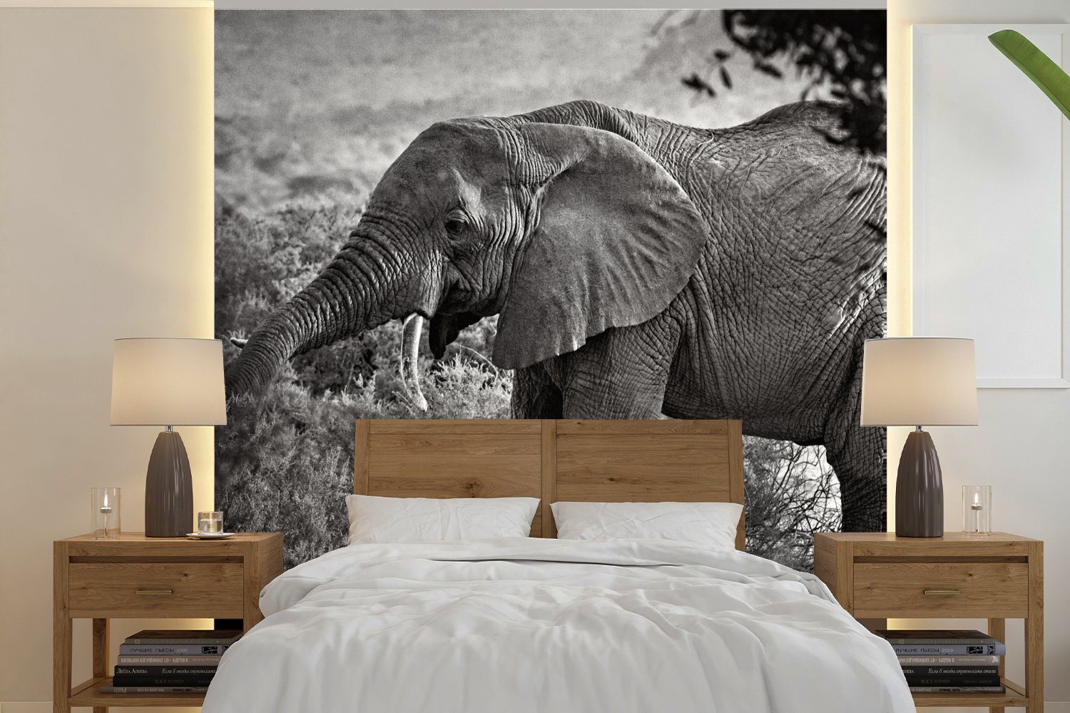 MuchoWow Fototapete Vliestapete - - (4 St), Matt, für Bäume Tiere - Weiß, - bedruckt, Schlafzimmer Elefant Küche, Wohnzimmer Schwarz Fototapete