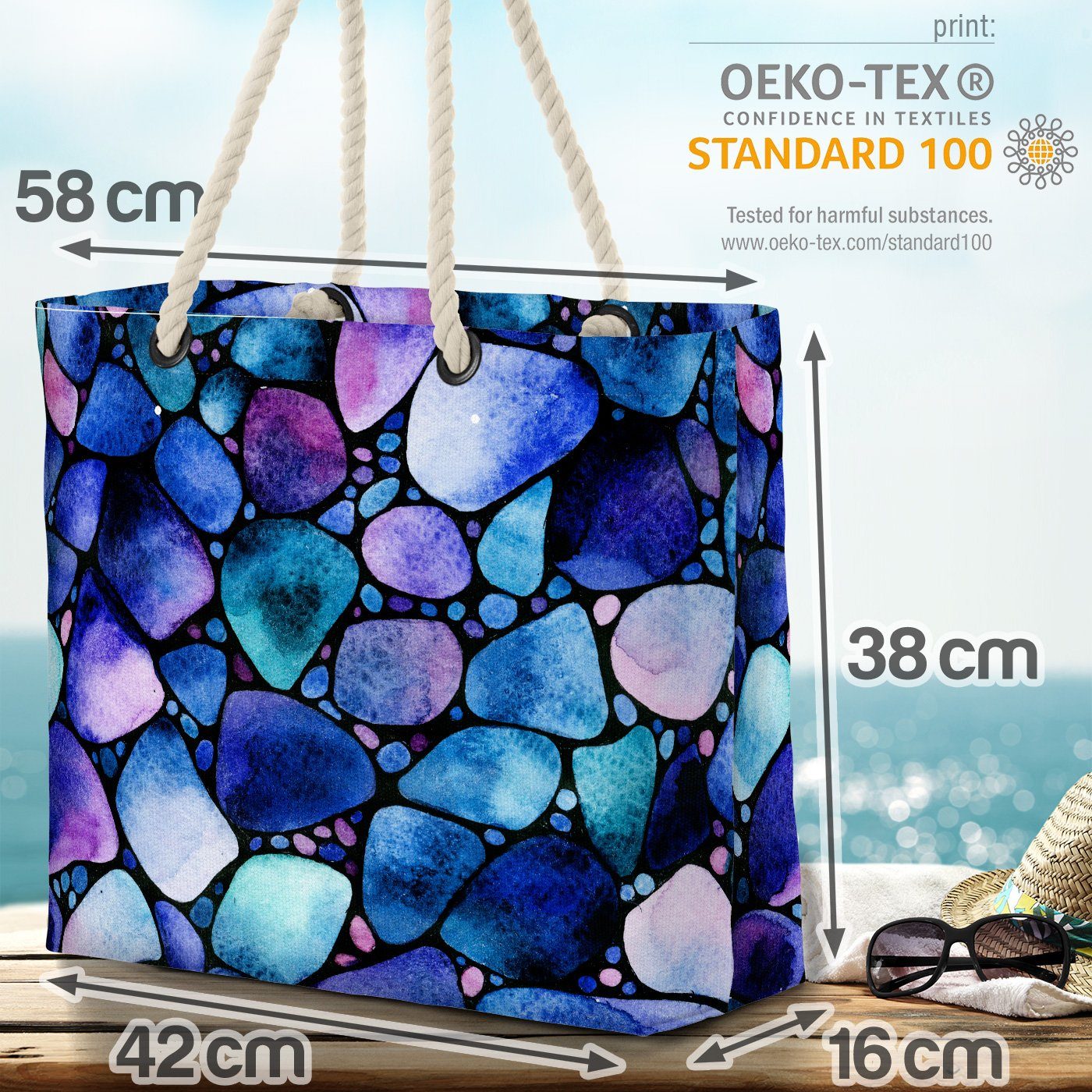 Steine Bag Bunt Wasserfarben gemustert Malen VOID Beach (1-tlg), Strandtasche Kunst Farben Blau Grafisch