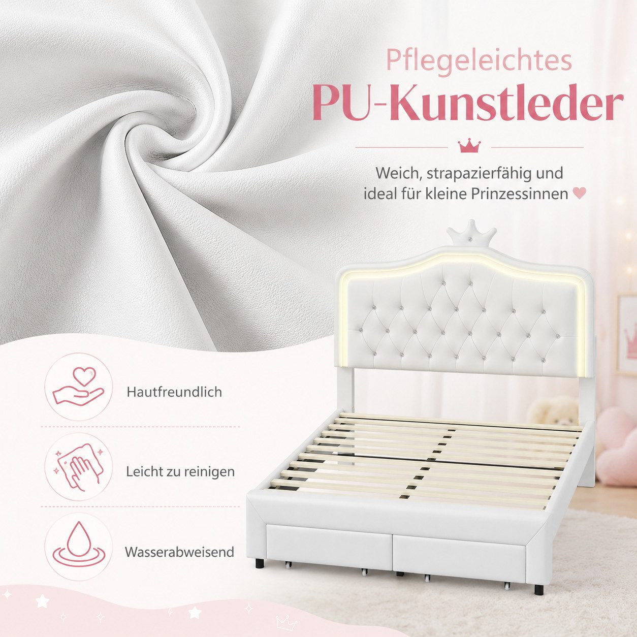 Simurq Kinderbett 140x200cm Polsterbett Für Mädchen Mit LED, Kronenform Und Schubladen (Set, Ohne Matratze), Prinzessinnenbett Gepolstertes Bett, PU, mit gepols – Bild 4 von 5