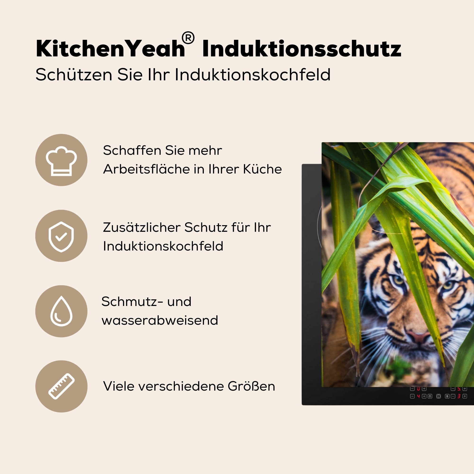 MuchoWow Ceranfeldabdeckung Laub, küche, tlg), Schutz Induktionskochfeld Vinyl, die Versteckter im cm, (1 Herdblende-/Abdeckplatte 81x52 für Sumatra-Tiger