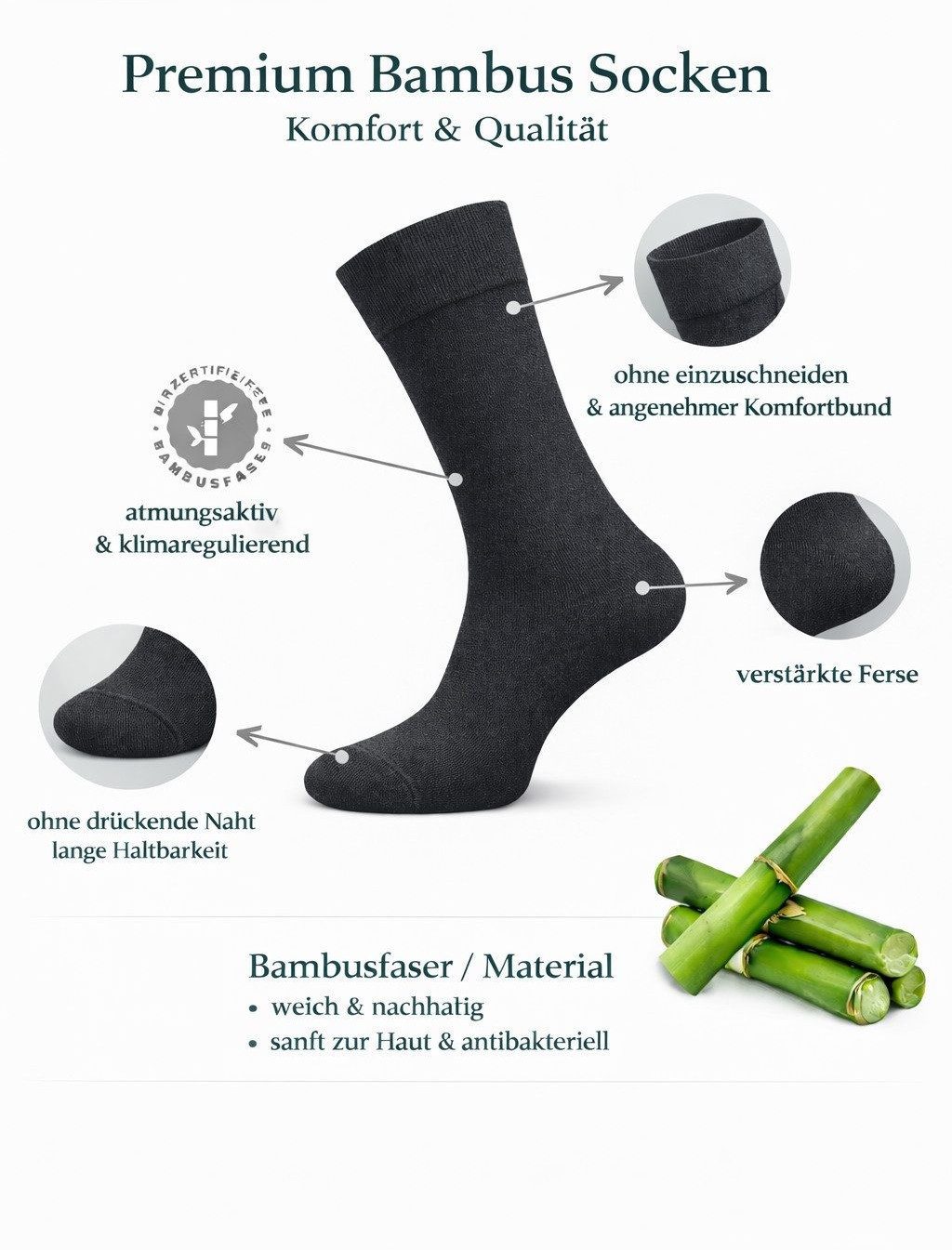 NERS Basicsocken 6 Paar Socken aus Bambus Damen & Herren, ohne Naht, Komfortbund (6-Paar) Premium Bambussocken Atmungsaktiv, & Weich, Geschenkbox