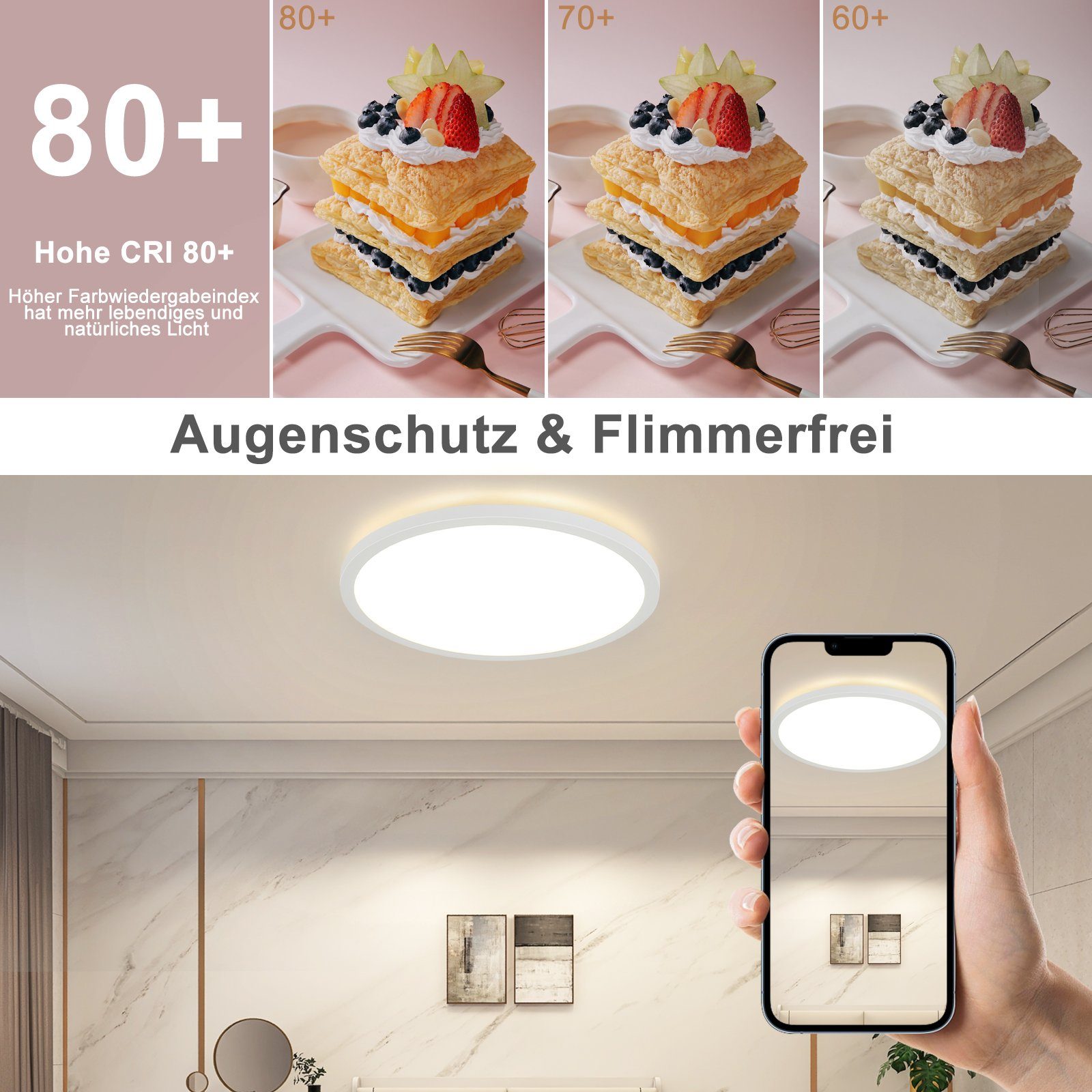 für Wohnzimmer mit Deckenleuchte Rund, Kompatibel Schlafzimmer ZMH Life/TUYA 4000K, LED LED WiFi Farbwechsel 22W RGB fest Deckenlampe 4000K Samrt integriert,