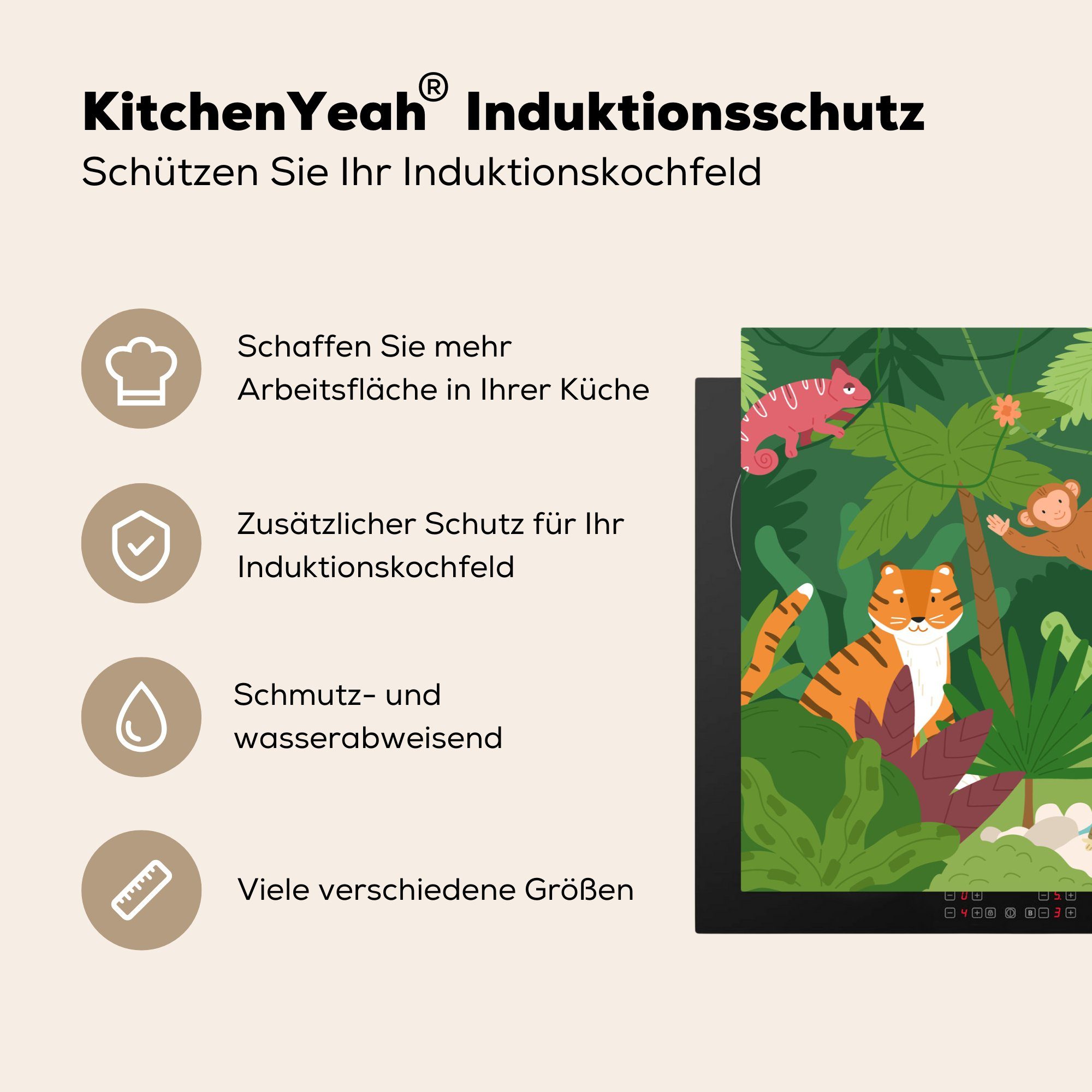 MuchoWow Herdblende-/Abdeckplatte Dschungel - Tiere Schutz (1 tlg), 81x52 - Natur, für Induktionskochfeld küche, Vinyl, Ceranfeldabdeckung die cm