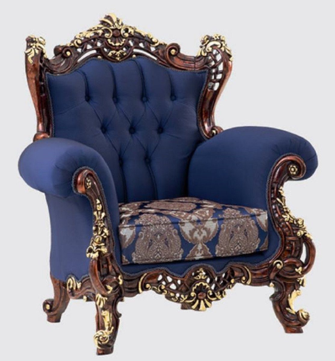 Casa Padrino Sessel Luxus Barock Sessel Blau / Dunkelbraun / Gold 110 x 95 x H. 121 cm - Prunkvoller Wohnzimmer Sessel mit elegantem Muster - Barock Möbel
