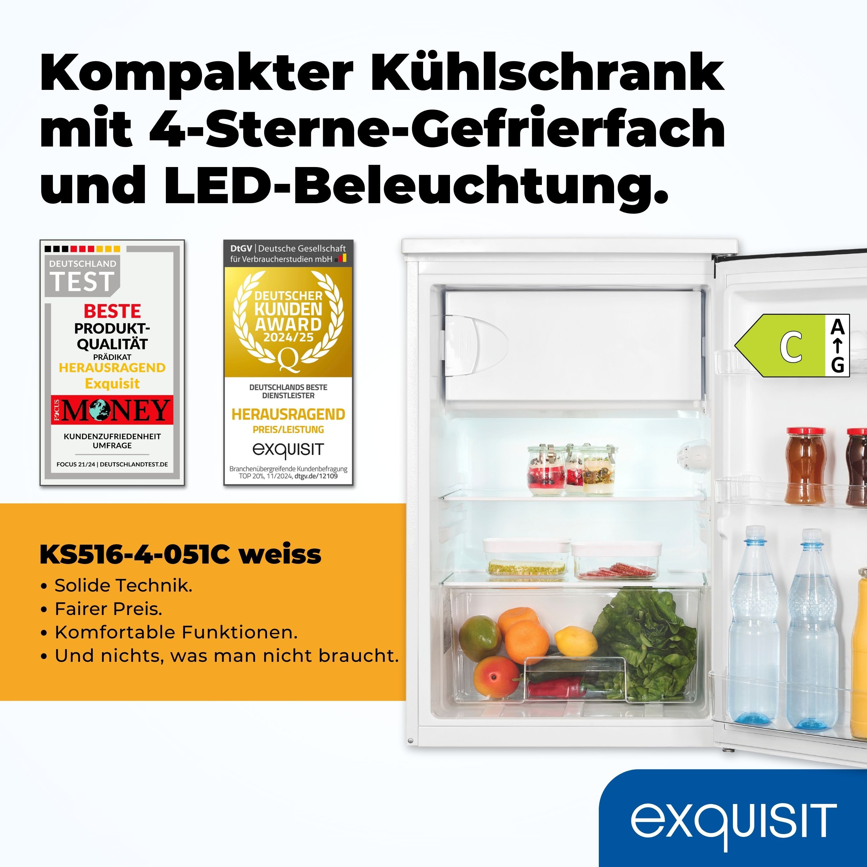 exquisit Kühlschrank KS516-4-051C, 84.5 cm hoch, 54.9 cm breit, Türanschlag wechselbar, Gemüsefach, Temperaturregelung