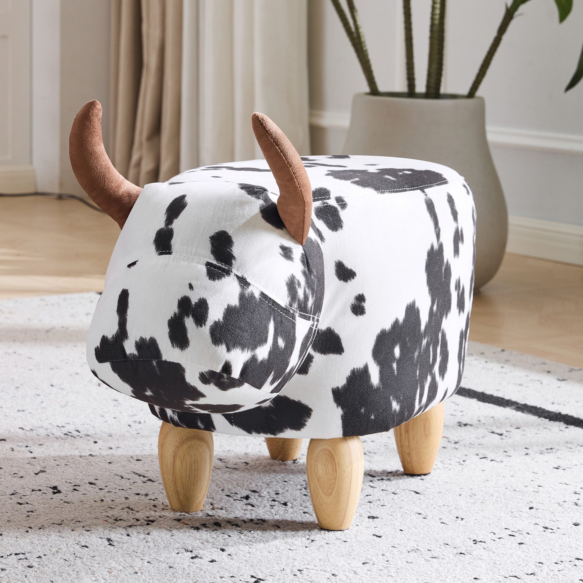 HAUSS SPOLE Polsterbank Schwarz Weiß,Haustier-Fußhocker Schuhwechselhocker mit Holzfüßen (Multifunktionaler Fußhocker für Zuhause), Kinderhocker mit Fußstützenfunktion