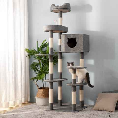 Merax Kratzbaum Adventure Kingdom, groß Katzenbaum mit Spielzeug, Katzenhaus mit Eingang in Katzenform Kletterbaum 177 x 50 x50 cm