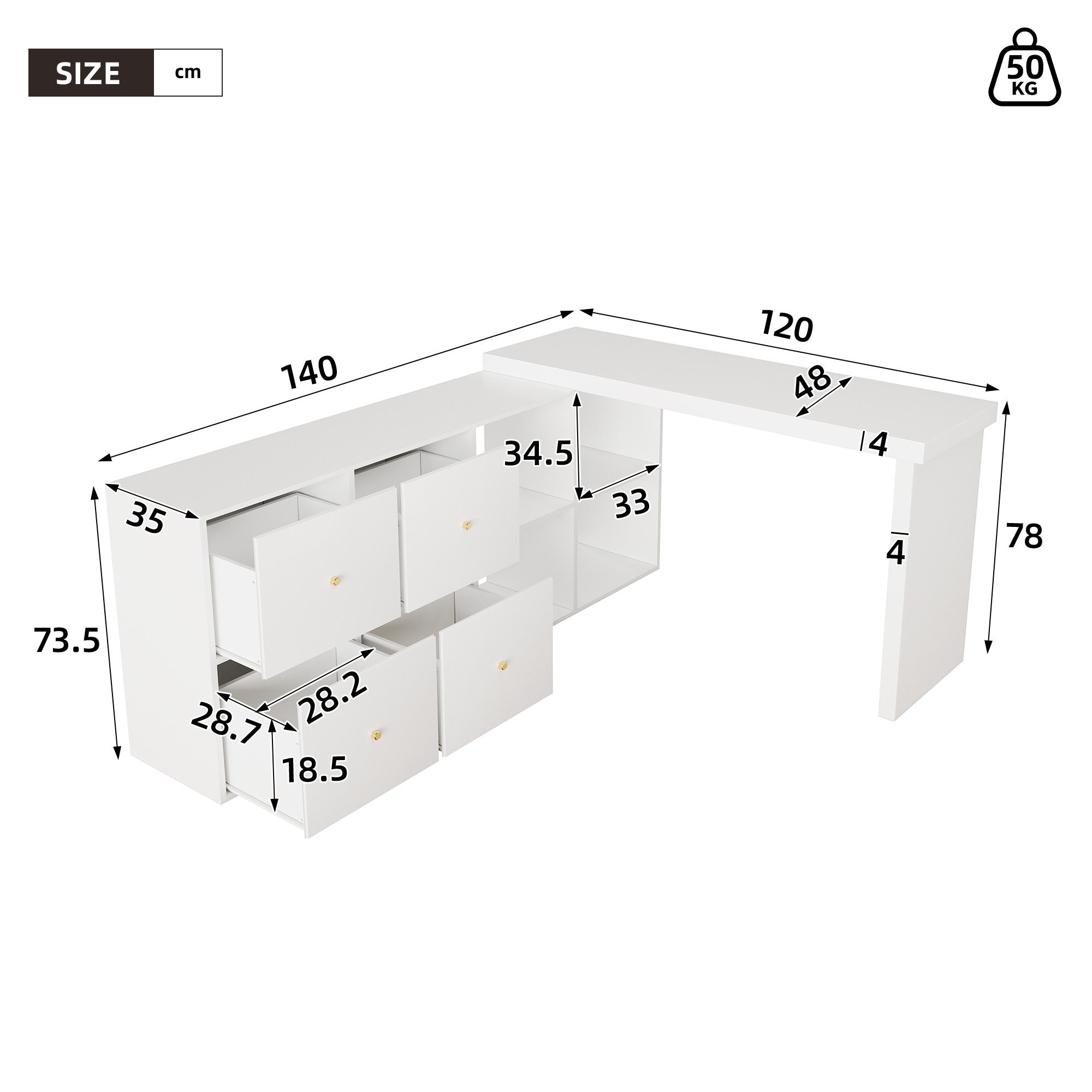 Merax Schreibtisch 360° drehbarer L-förmiger Bürotisch Arbeitstisch (1-St., Schreibtisch 120×48×78 cm/Sideboard 140×35×74 cm), Eckschreibtisch mit Sideboard, 8 Fächer, 4 Schubladen & Kippsicherung