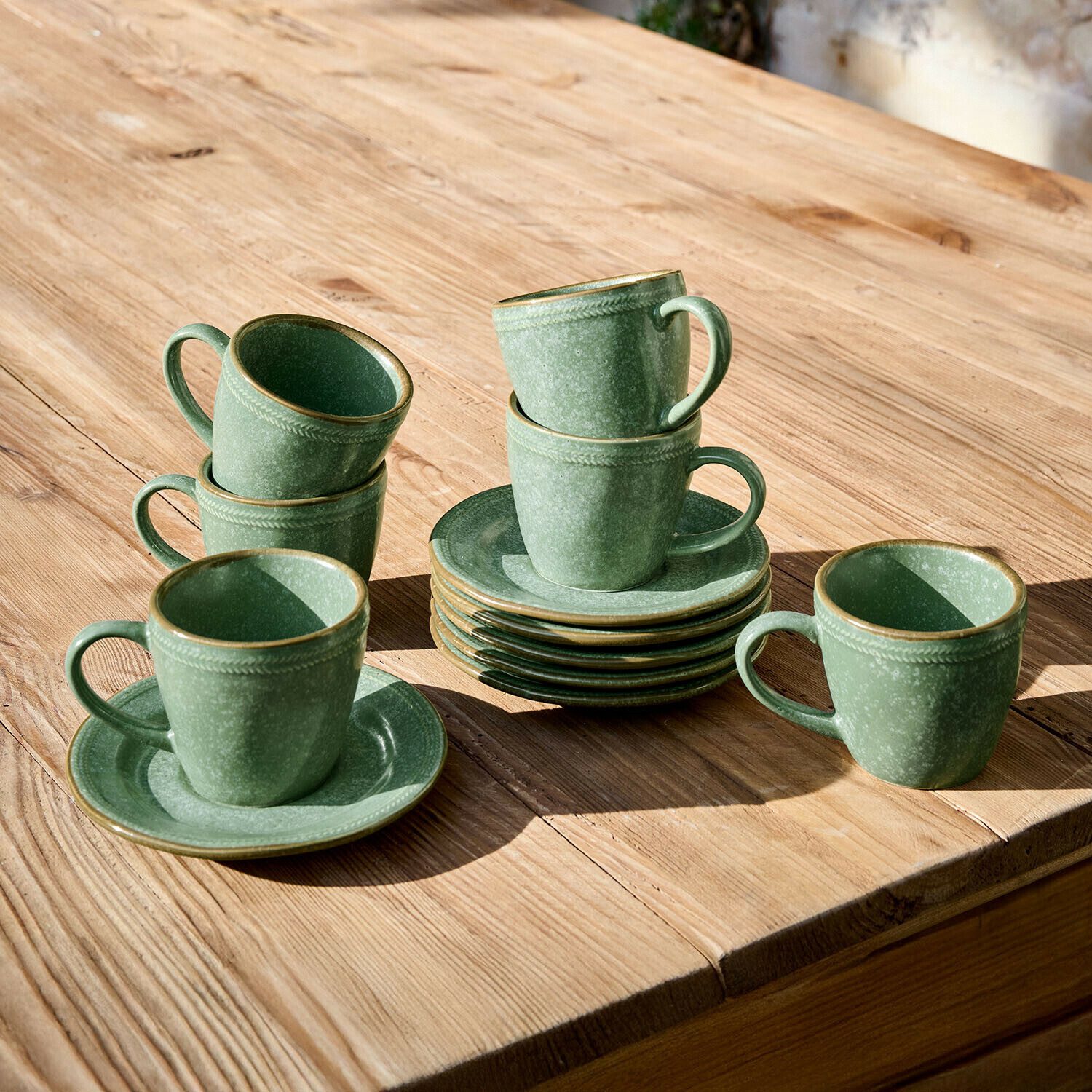 Mirabeau Geschirr-Set Tasse mit Untertasse 6er Set Norrvik grün, Steinzeug