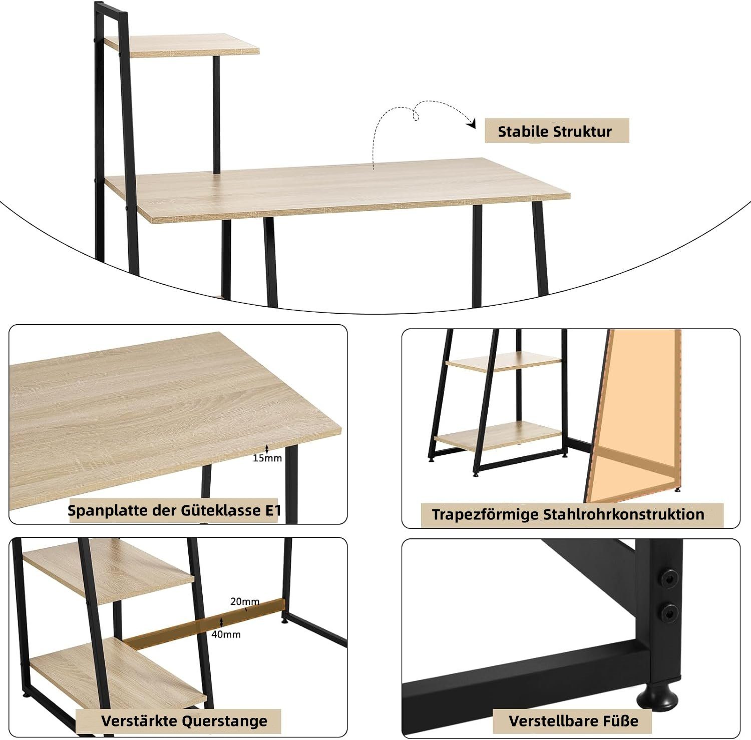 3 Helleiche | eiche mit (1-St), EUGAD Regalen, Holzwerkstoff Schwarz Schreibtisch aus Stauraum | Hell Metall