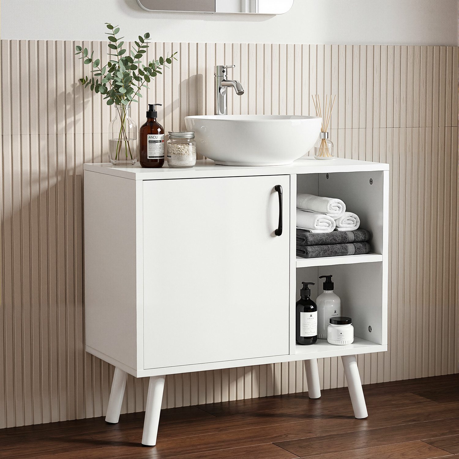 oyajia Waschbeckenunterschrank Badezimmerschrank 60 x 30 x 61 cm, mit 1 Türen, 2 Fächern (Badezimmerschrank Waschbeckenunterschrank Badschrank Unterschrank) mit Füßen