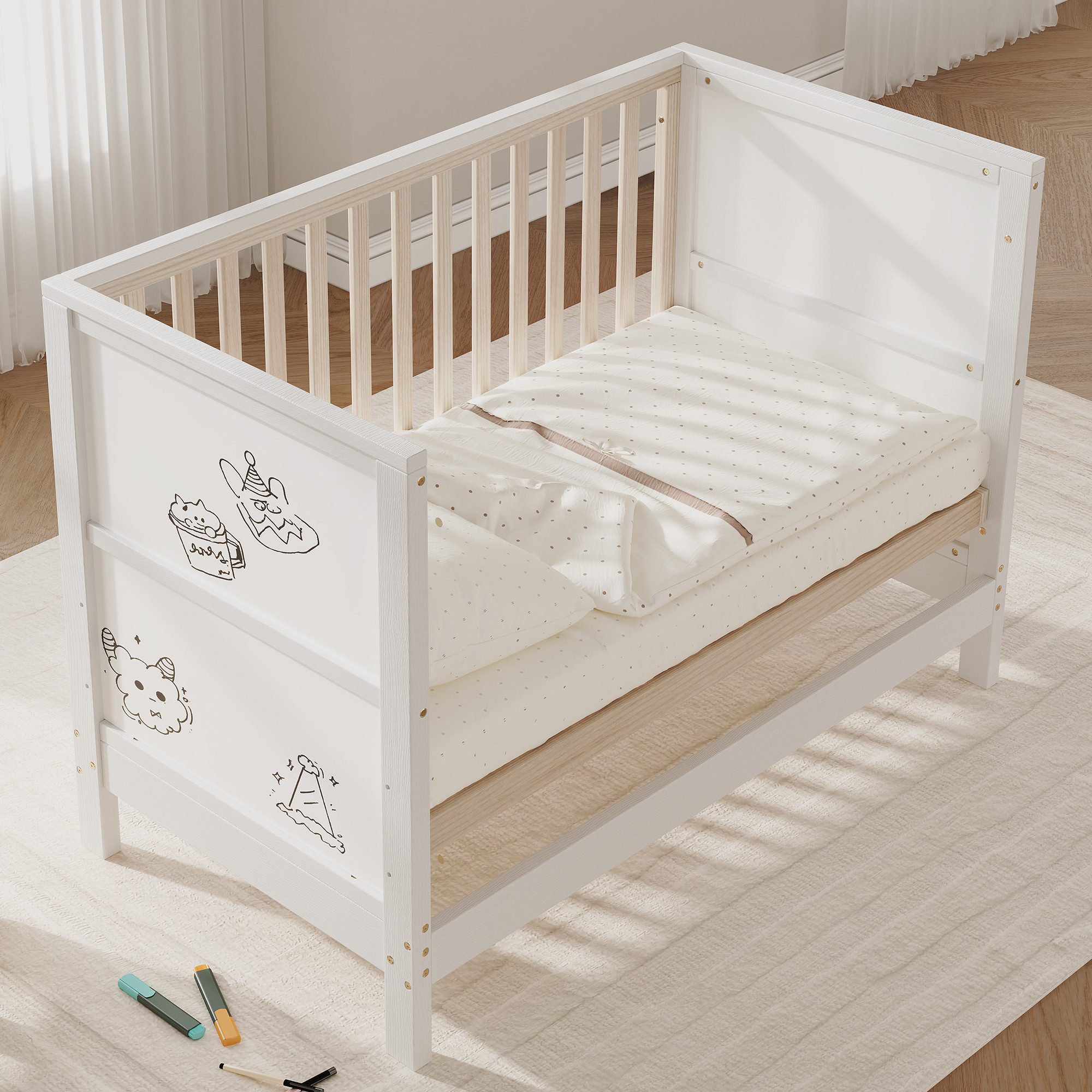 MODFU Babybett Wandelbares Schlafmöbel für Babys & Kleinkinder, bemalbare Flächen, 1-tlg., verstellbar, zur Kindercouch, 120x60x90 cm, Natur+Weiß