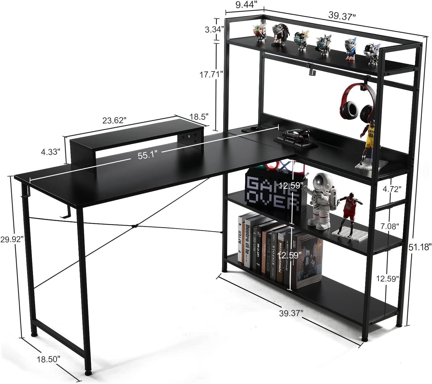 GTPLAYER Eckschreibtisch Gaming Tisch Computertisch mit 55 Schreibtisch 4 mit schwarz Monitorständer Zoll eingebaute Netzsteckdose, Ablagen LED-Lichter Bürotisch und