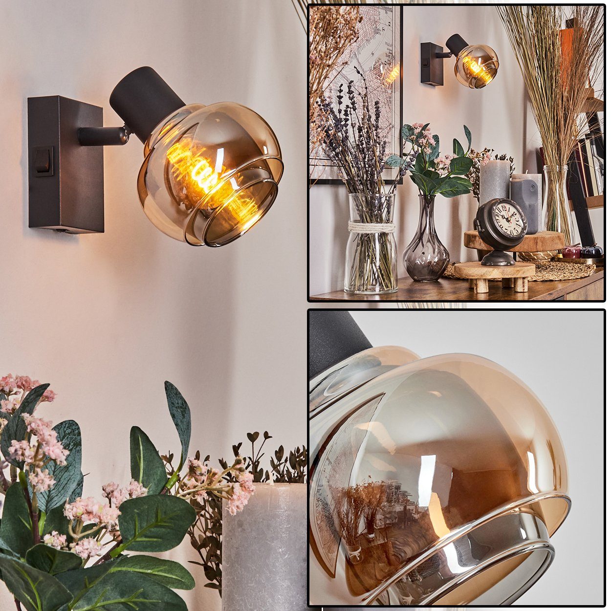 hofstein Wandleuchte moderne Wandlampe aus Metall/Glas in Schwarz/Rauch-/Be günstig online kaufen