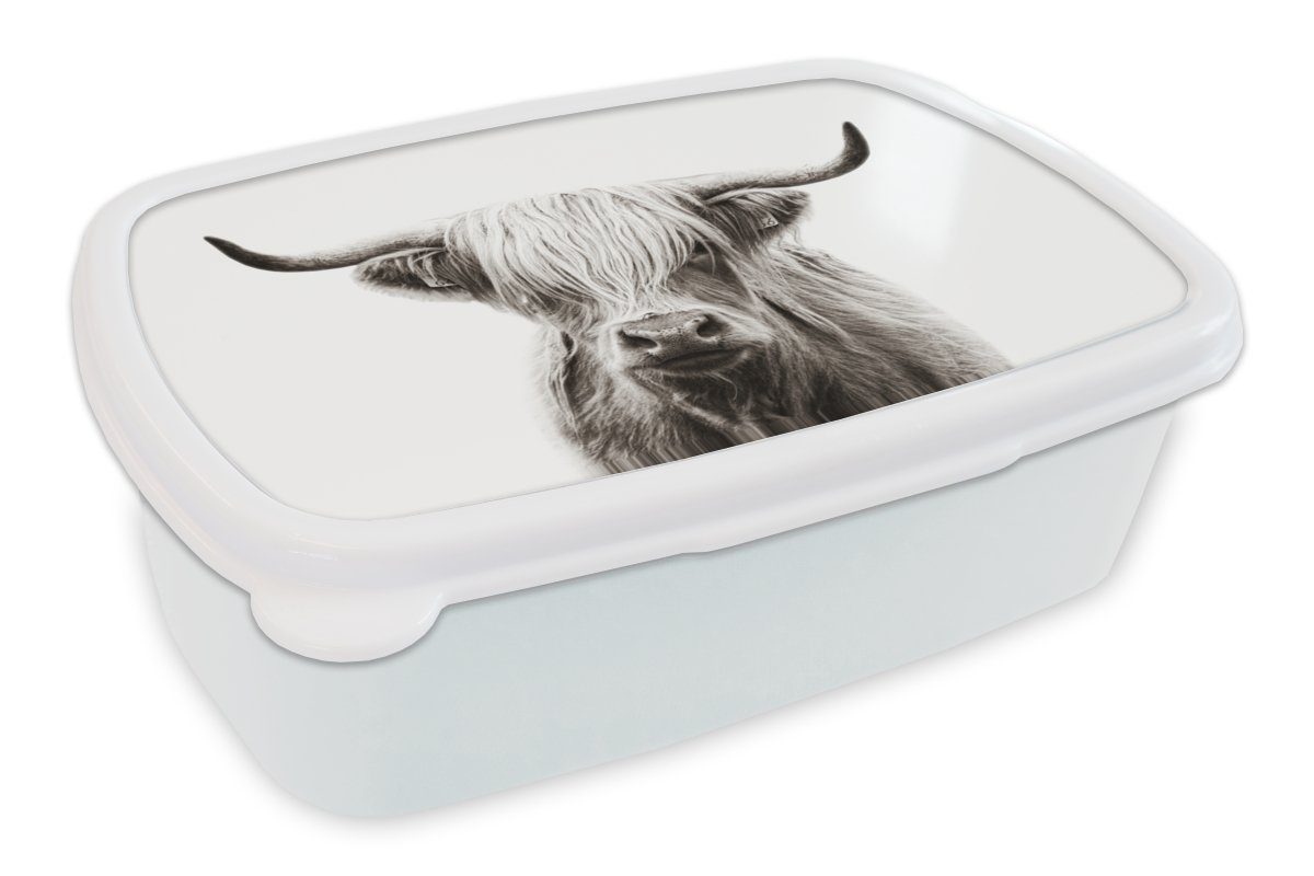 MuchoWow Lunchbox Schottischer für für Schwarz Weiß, Brotdose, Jungs Kuh Kunststoff, Erwachsene, und Brotbox Kinder und - - (2-tlg), Highlander Mädchen 