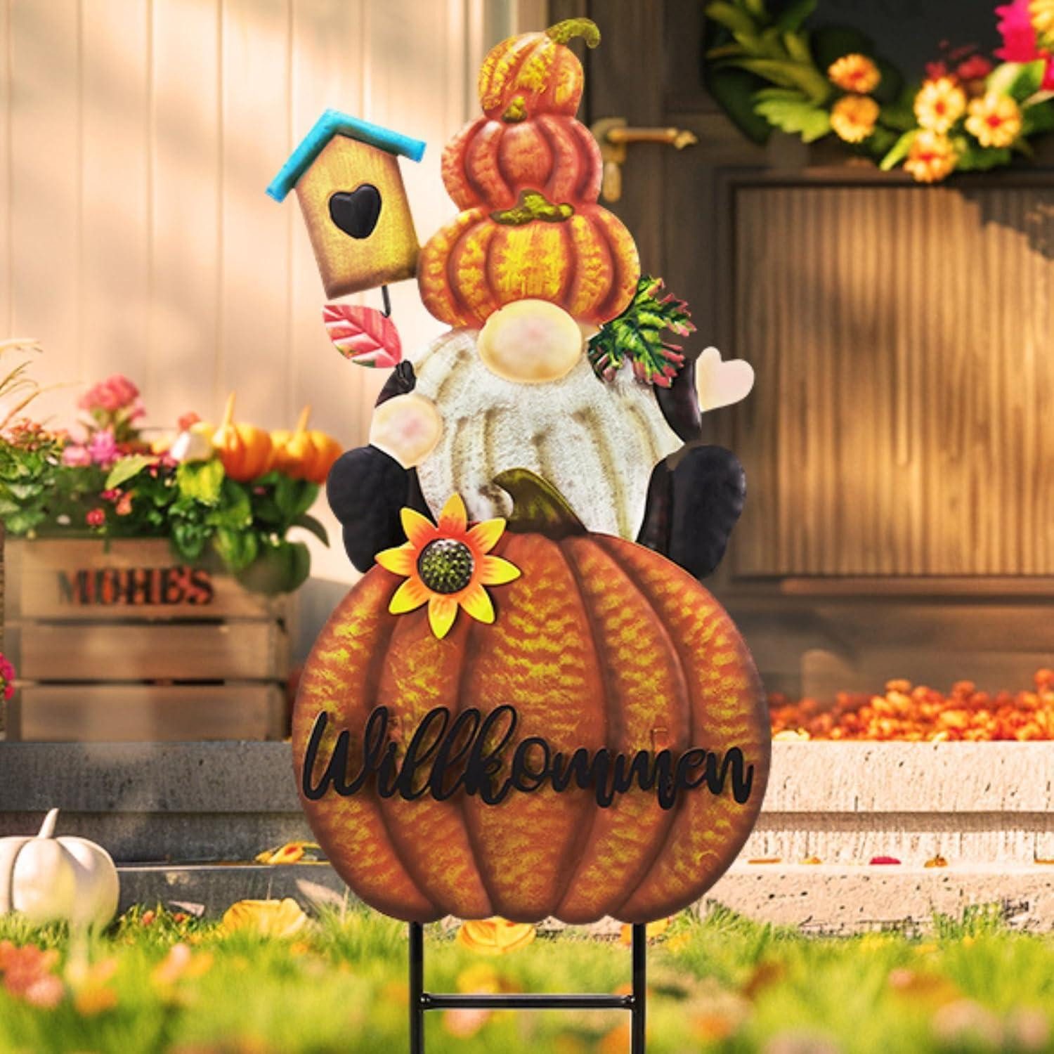 LuxusKollektion Gartenzwerg Herbstdeko Gartendeko Draußen GNOME Kürbis Gartenstatuen Metall Deko