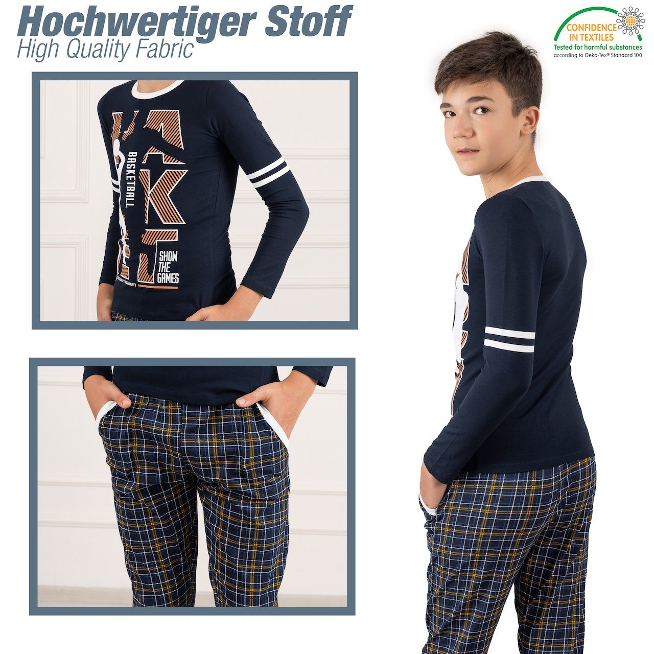 LOREZA Pyjama Jungen Schlafanzug zweiteilig Langarm - Basketball - Mehrfarbig (Set, 2 tlg) – Bild 4 von 5