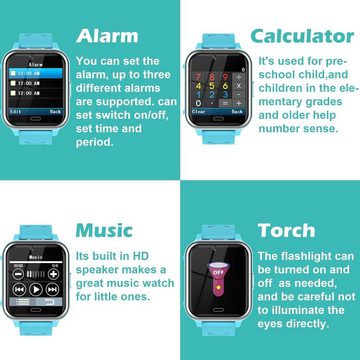 BAUISAN Smartwatch (1,4 Zoll), Kindermit Anruf SOS Spiele Musik Kamera Wecker Taschenlampe Kinderuhr