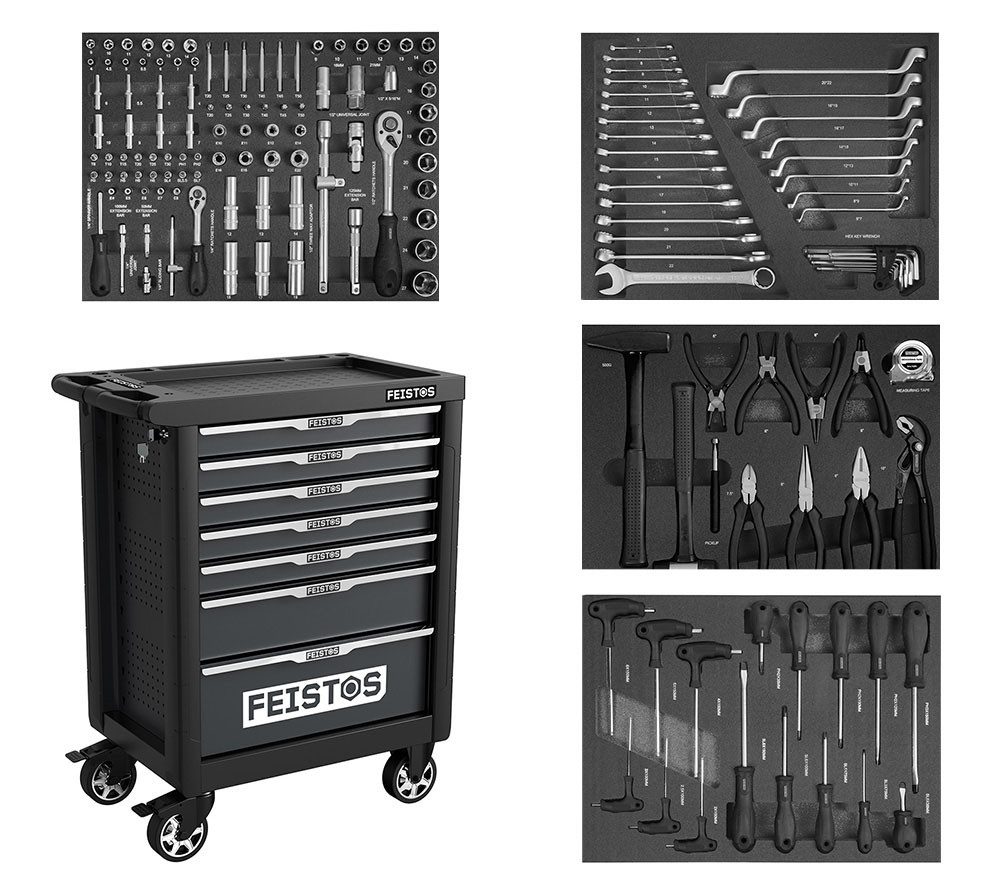 FEISTOS Werkbank Mento 1, (1-tlg), 4 Werkzeugsets, 158 Teile, Zentralverriegelung, LxBxH 47x77x96 cm