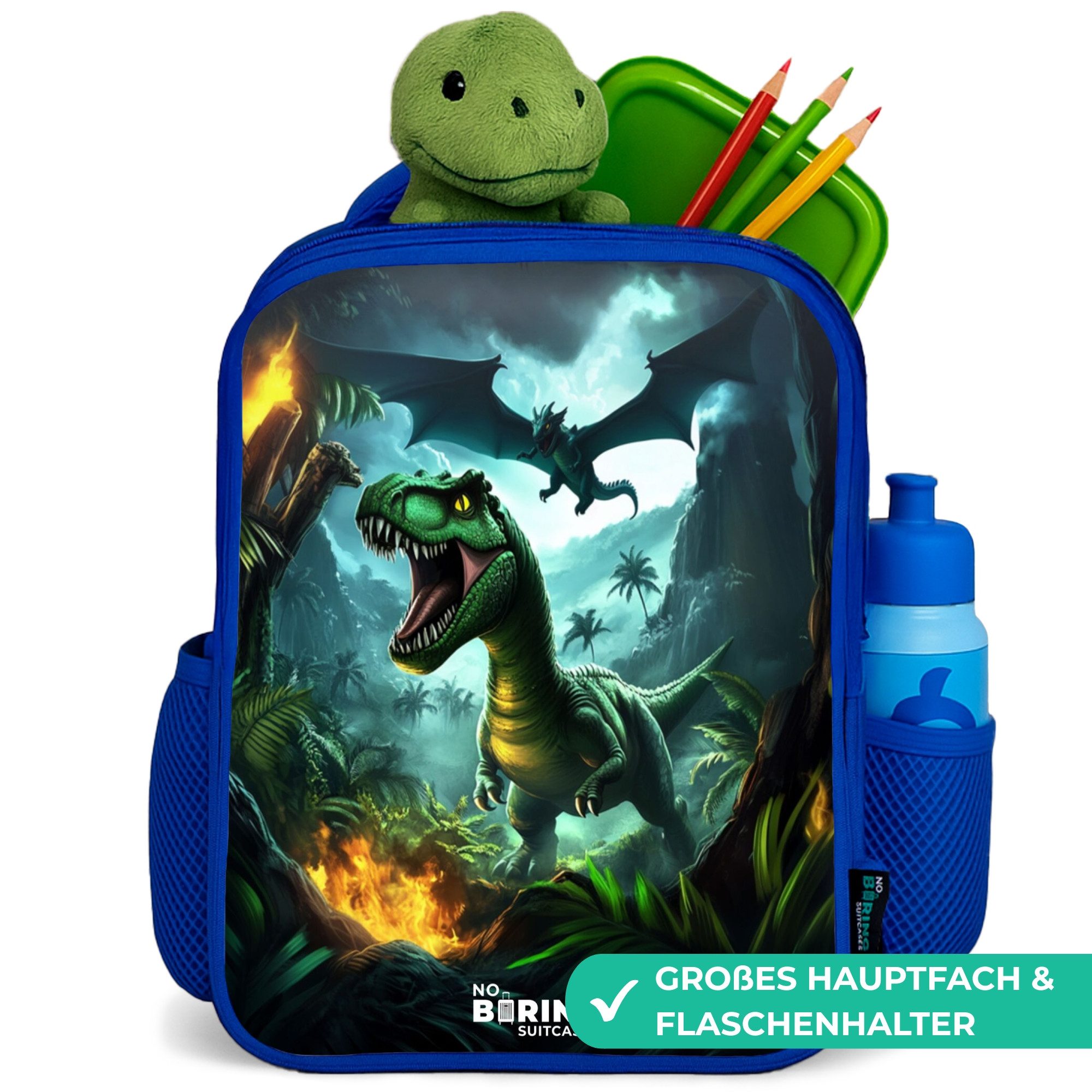 NoBoringSuitcases.com© Rucksack Blau - Dinosaurier und Drache im feurigen Dschungeltal, Kinderrucksack, Schulrucksack, Freizeitrucksack, Jungen, Kindergarten