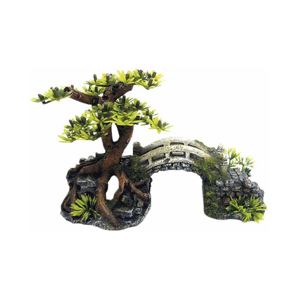 Aquariendeko Aquariendekoration Brücke mit Bonsai mit Pflanzen