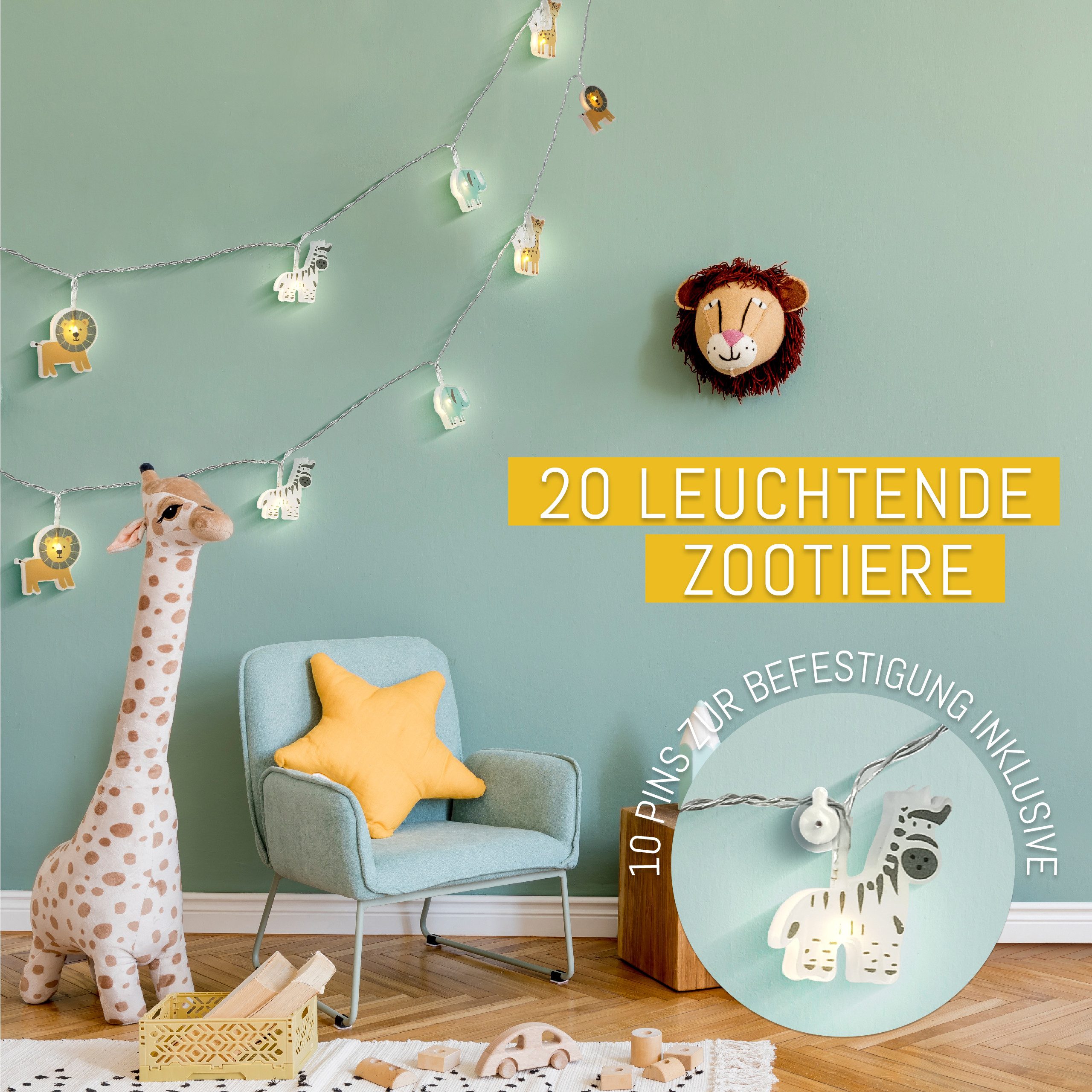 COZY HOME Lichterkette Safari für Kinder, mit APP steuerbar, Batterie & Stecker, 20 warmweiße Tiere, 8 Modi, Dimmbarkeit & Musikmodus