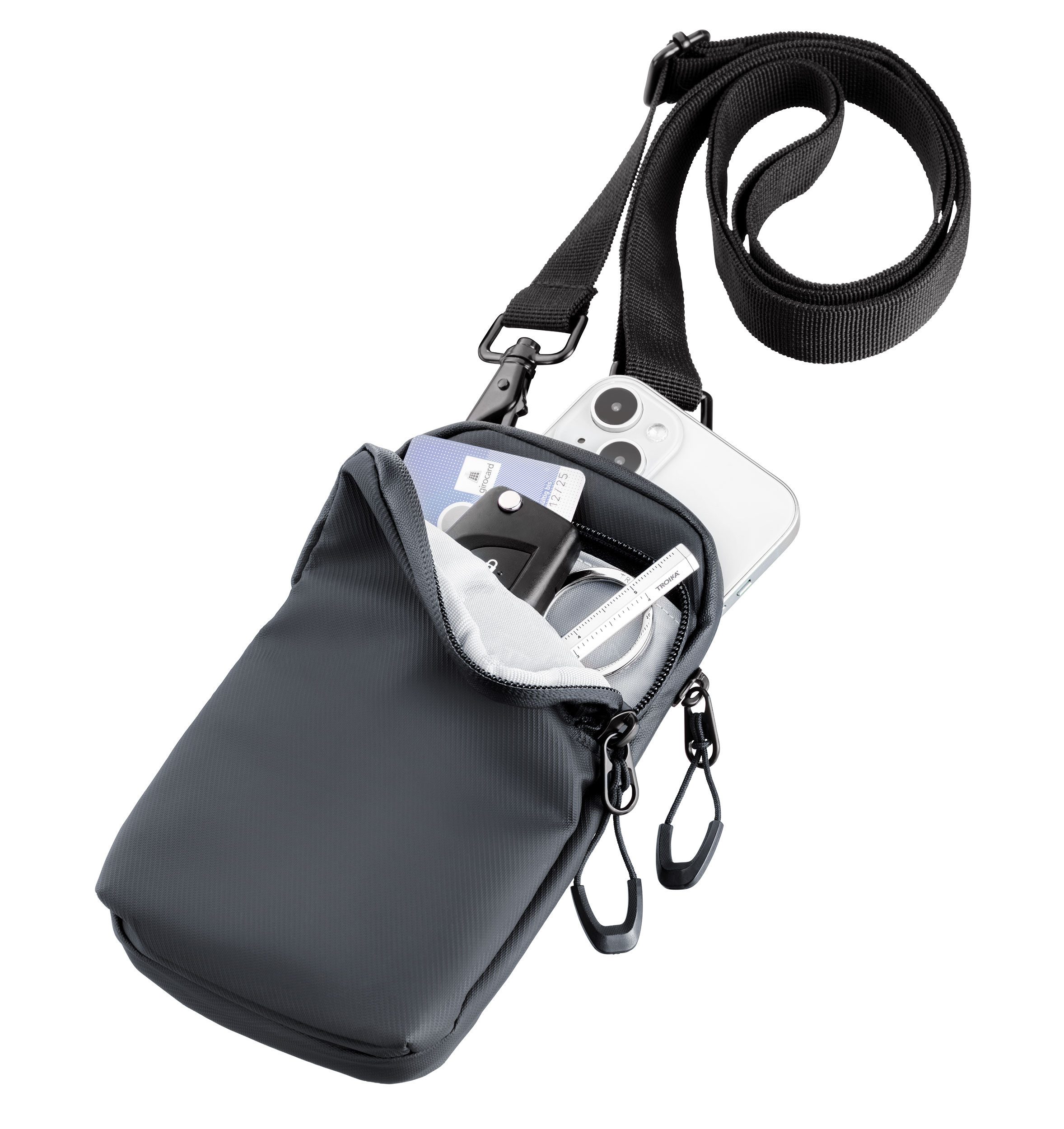 TROIKA Handytasche zum umhängen BLUE CYCLE SMARTBAG aus recyceltem Meeresplastik, Smartphone Umhängetasche mit Kartenfach, verstellbarer Gurt, Karabiner