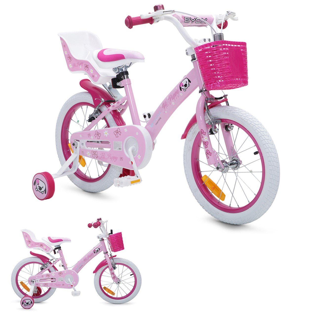 Byox Kinderfahrrad Kinderfahrrad 16 Zoll Puppy, 1 Gang 1 Gang, keine, rosa, Stützräder, Puppensitz, einstellbar