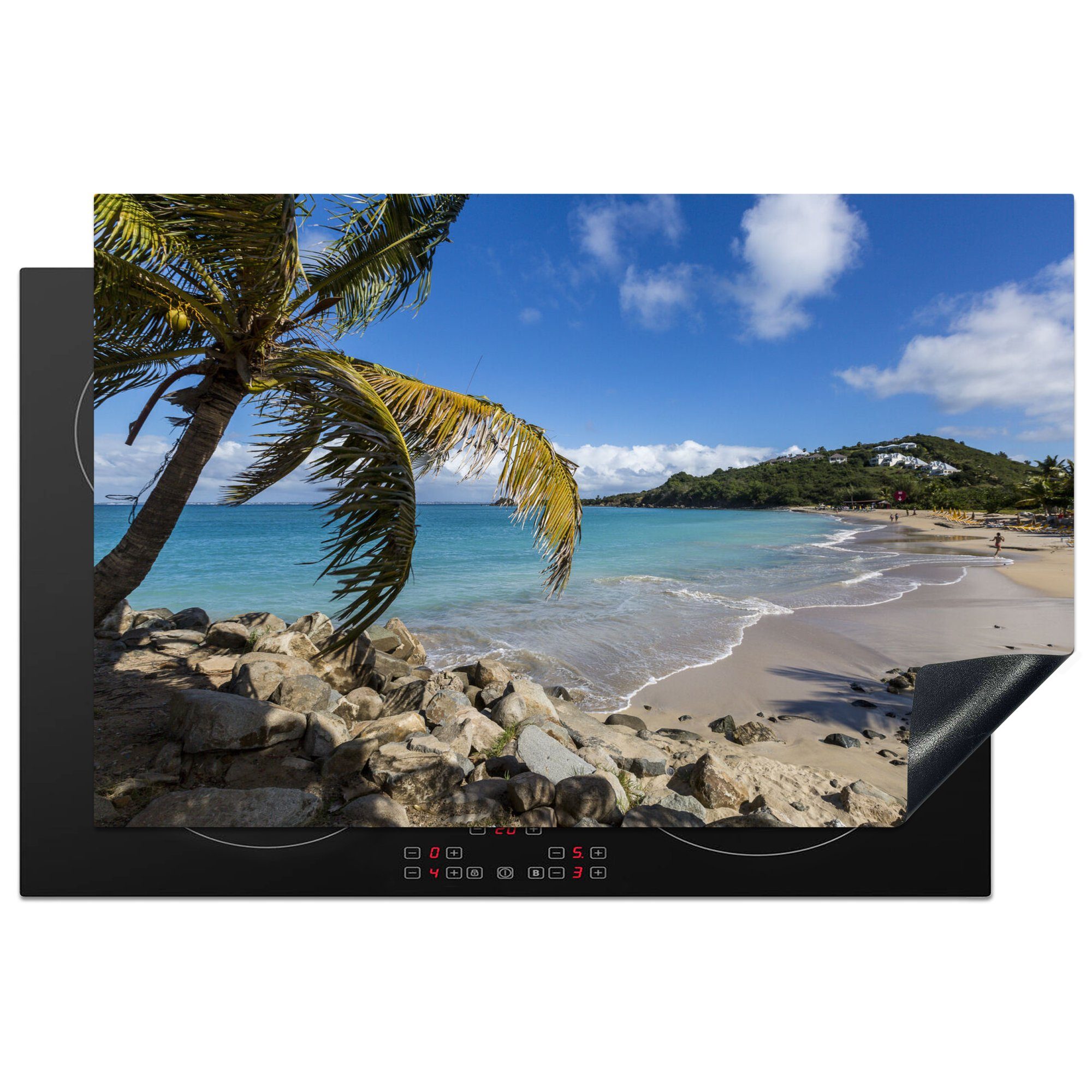 Herdblende-/Abdeckplatte Ceranfeldabdeckung mit einer Ein Schutz 81x52 Sint Maarten, Palme cm, MuchoWow für tlg), Strand Induktionskochfeld tropischer (1 küche, Vinyl, die auf