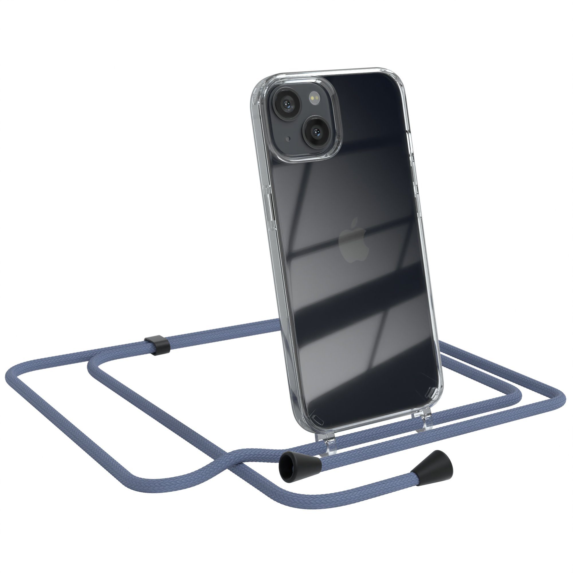 EAZY CASE Handykette Kette Clips Schwarz für Apple iPhone 13 6,1 Zoll, Silikonhülle Transparent Handyhülle mit Kordel Kette zum Umhängen Blau