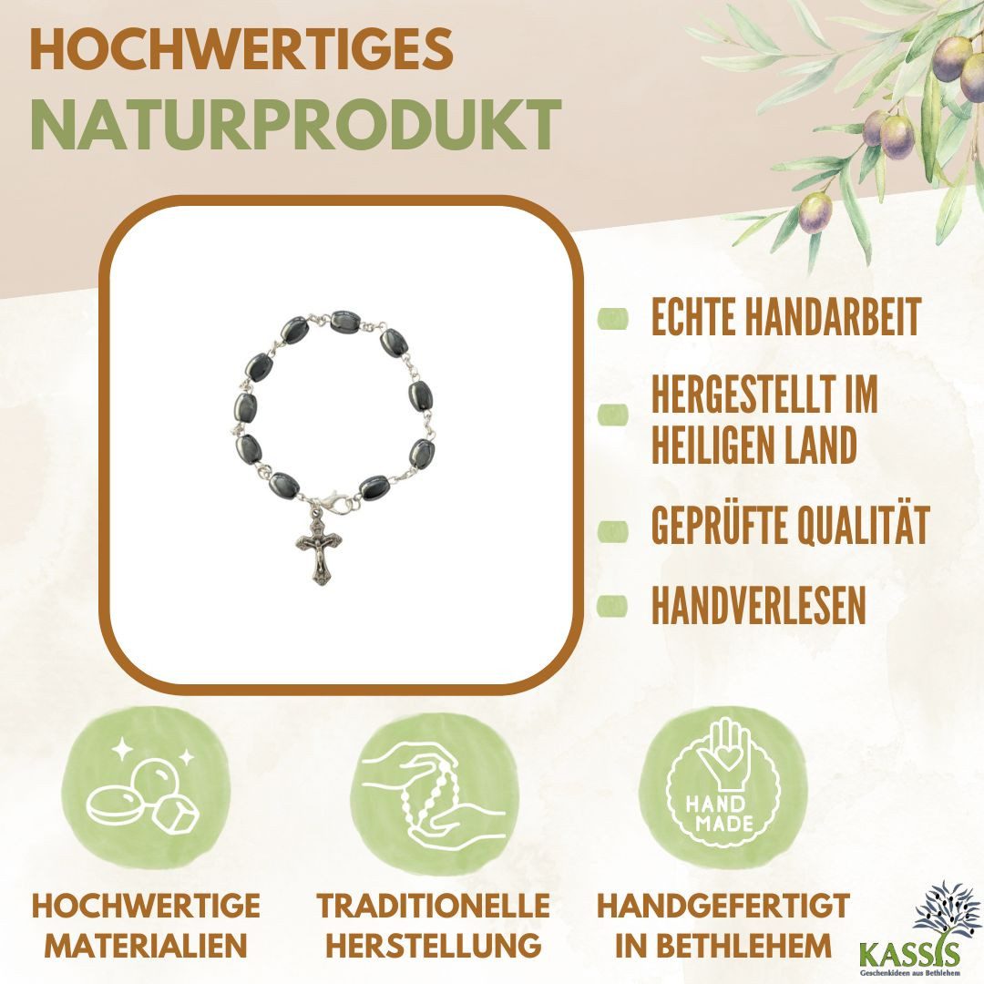 Kassis Geschenkartikel Armband mit ovalen Hämatit-Perlen Gebetskette Talisman Glücksbringer, handgefertigt in Bethlehem, Geschenk zu Kommunion Taufe Firmung