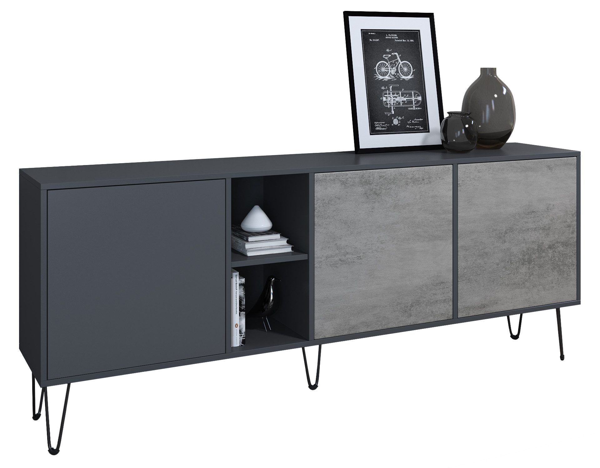 Vladon Sideboard Havana (TV-Schrank mit 3 Türen und 2 offene Fächer, Kommode Made in Germany), Anthrazit matt / Beton Oxid Optik (181,5 x 73 x 35 cm)