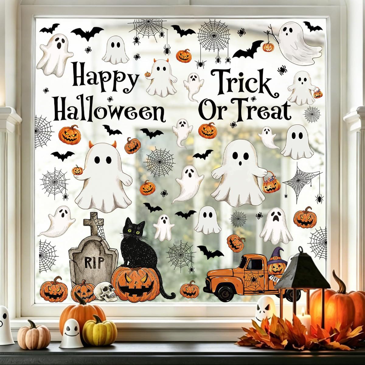 Sorvyzxn Fensterbild Wiederverwendbare Fensterbilder Halloween,statisch haftend, Halloween-Dekoration für Innenräume,beidseitiger Druck