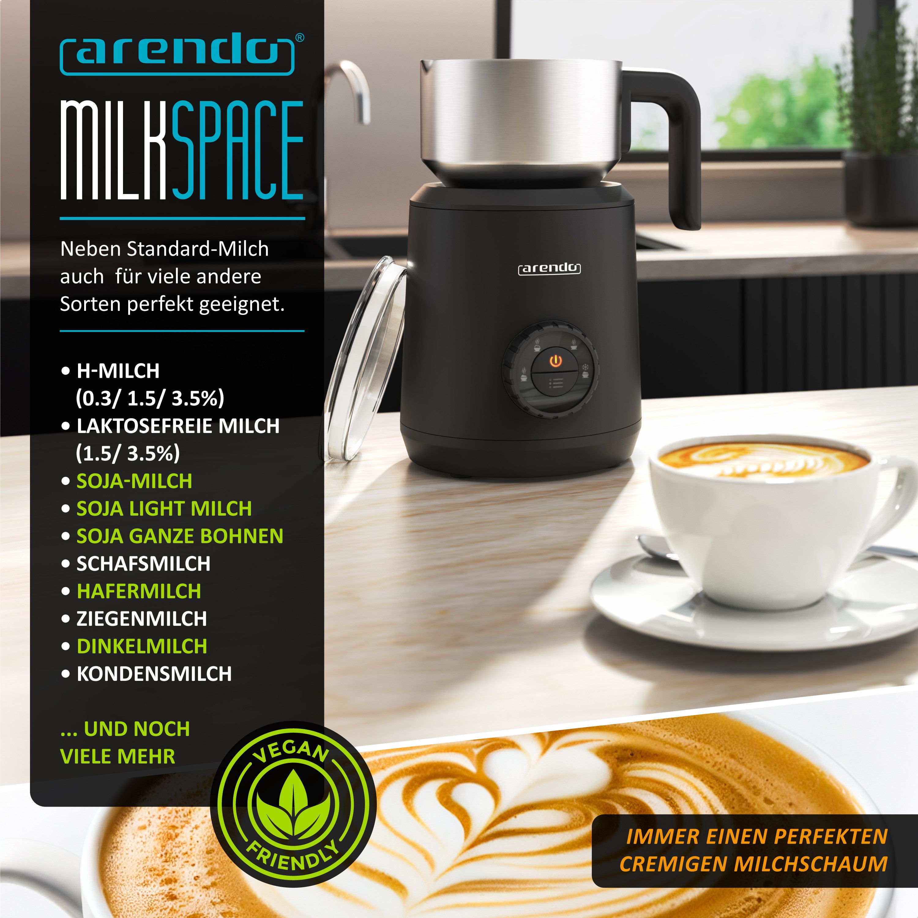 Arendo Milchaufschäumer 4in1 Induktion, warm & kalt Schaum, 400ml, Edelstahl, Latte Art, Milk, 550 W, spülmaschinengeeignet, Hafermilch, Kakao, Füllskala, Elektrisch