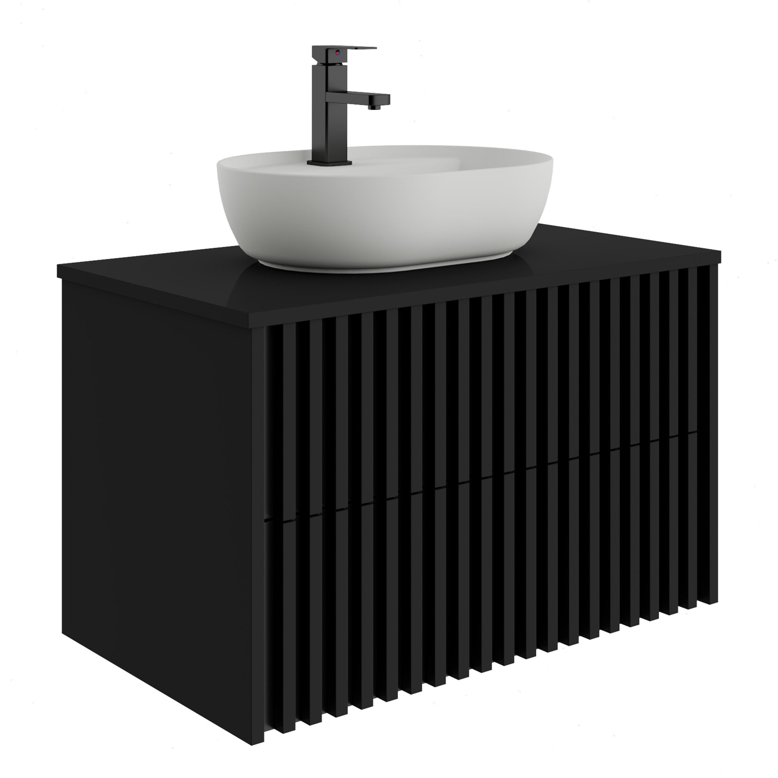 UEV Waschtisch mit Unterschrank hängend Ovales Keramikwaschbecken (Komplett-Set Badmöbel, Badezimmmer Schrank, mit Wasserhahn und Pop-up-Ablassventil Aufsatz-Waschbecken), Soft-close Schubladen,Waschbeckenunterschrank mit 2 Schubladen