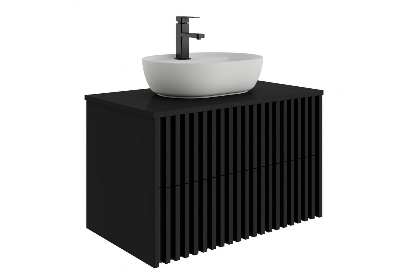 UEV Waschtisch mit Unterschrank hängend Ovales Keramikwaschbecken (Komplett-Set Badmöbel, Badezimmmer Schrank, mit Wasserhahn und Pop-up-Ablassventil Aufsatz-Waschbecken), Soft-close Schubladen,Waschbeckenunterschrank mit 2 Schubladen