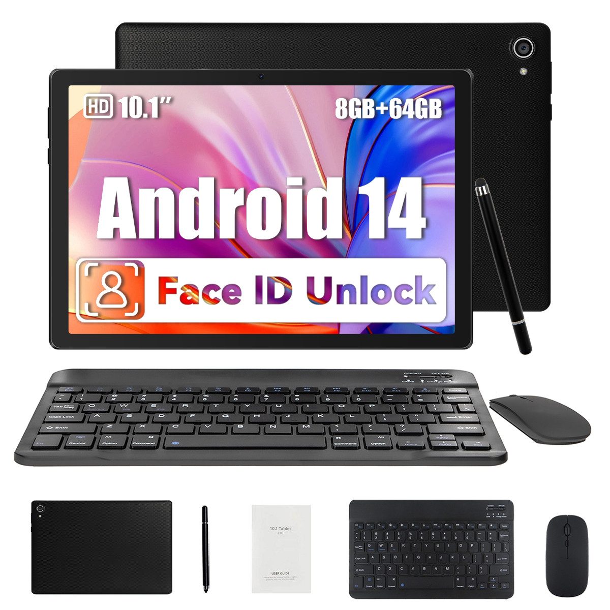 BUFO 10,1 Zoll 8(3+5)GB+64GB Expand 1TB mit Maus, Tastatur und Stylus Tablet (10", 64 GB, Android, 2,4G/5G WiFi, Android 14, 5000mAh, Gesichtsentsperrung, mit Tastatur, Stift und Maus)