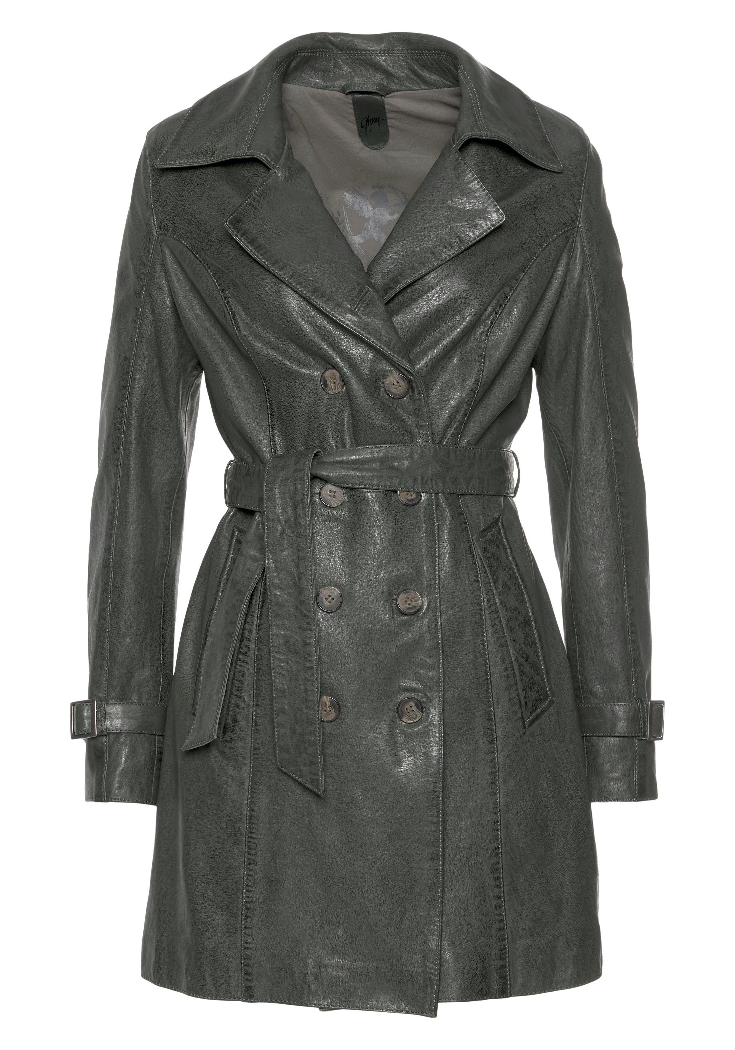 Gipsy Ledermantel Taresa (2-tlg., mit Bindegürtel) femininer Bindegürtel Leder-Trenchcoat mit green