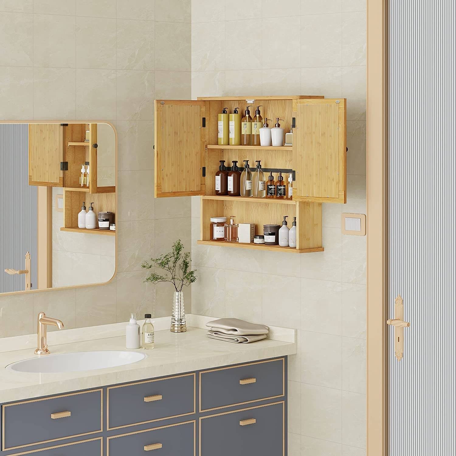mit EUGAD (1-St) Verstellbarer Ablage, aus Bambus Badezimmerspiegelschrank