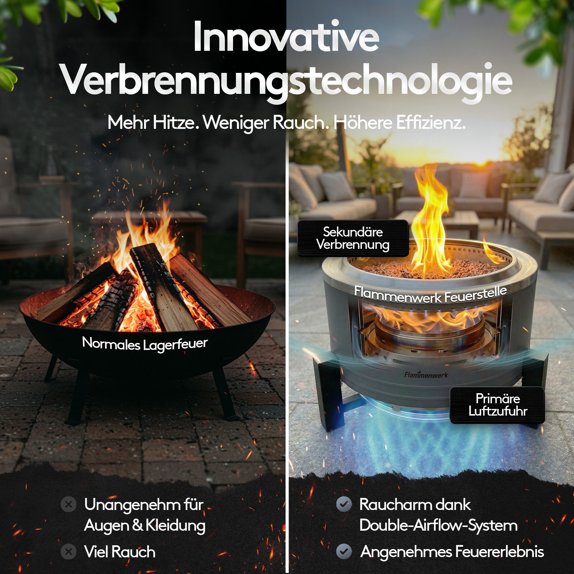 Flammenwerk Feuerschale Rauchfreier Feuerkorb 22" mit Grillrost & Abdeckung, (1-St., Inkl. Grillrost & Abdeckung), Feuerstelle & Grill für Garten, Camping & Terrasse