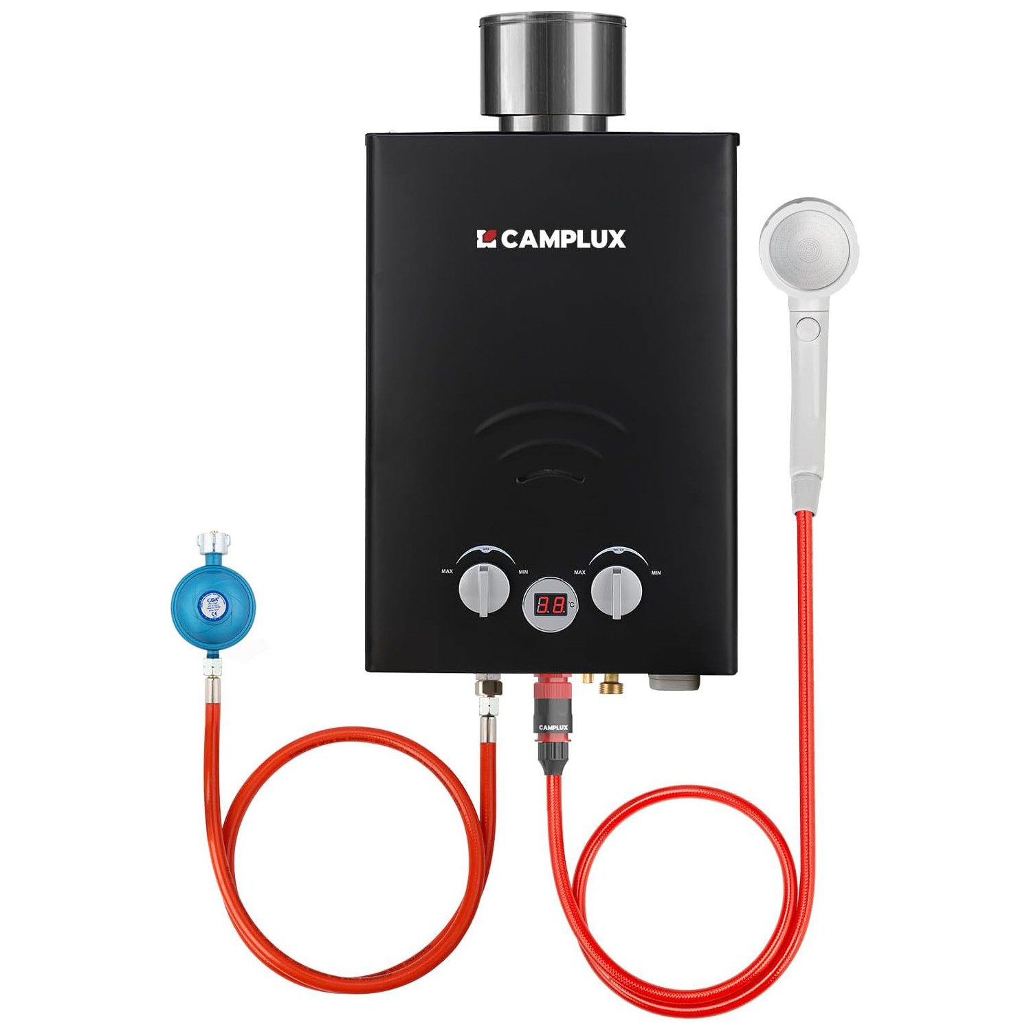 CAMPLUX Durchlauferhitzer Tankless Gasdurchlauferhitzer Campingdusche, min. 20 °C, max. 65 °C, 12 kW LPG Warmwasserbereiter Wasserspeicher Outdoor