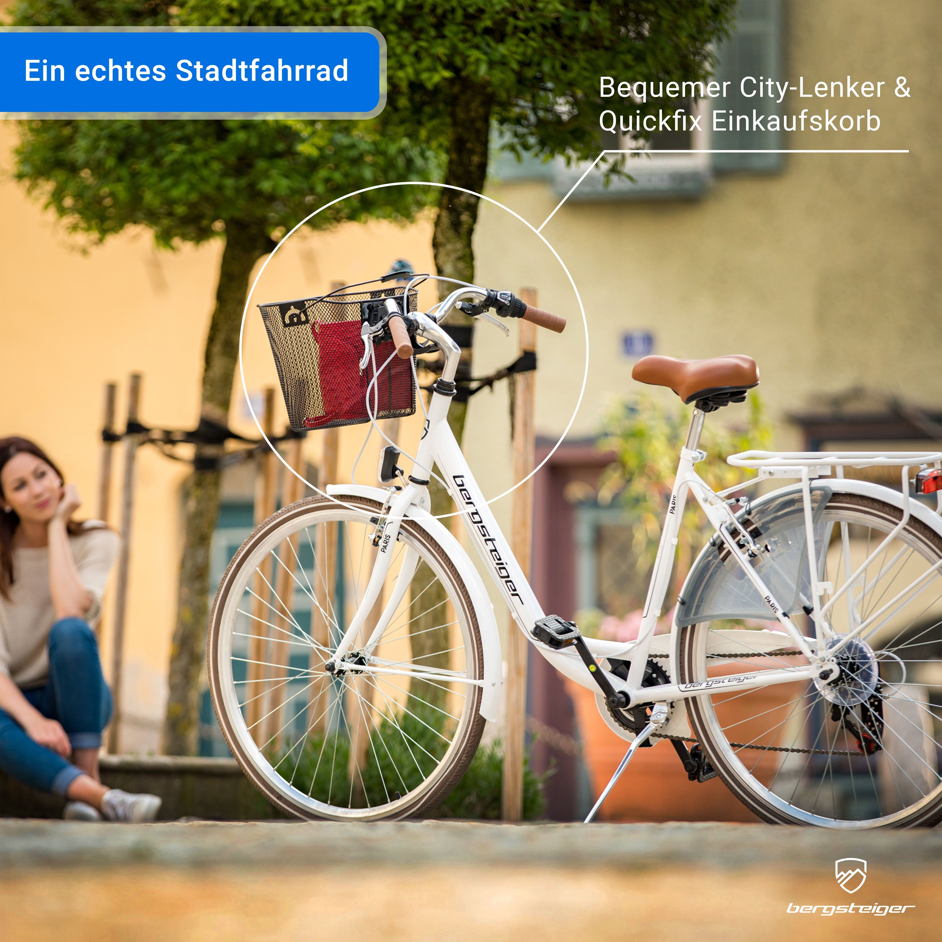 bergsteiger Cityrad Paris 26 Zoll, 28 Zoll Damenfahrrad, ab 140 cm, Korb, Licht, 6 Gang Shimano Tourney RD-TZ50 Schaltwerk, Kettenschaltung, V-Bremsen