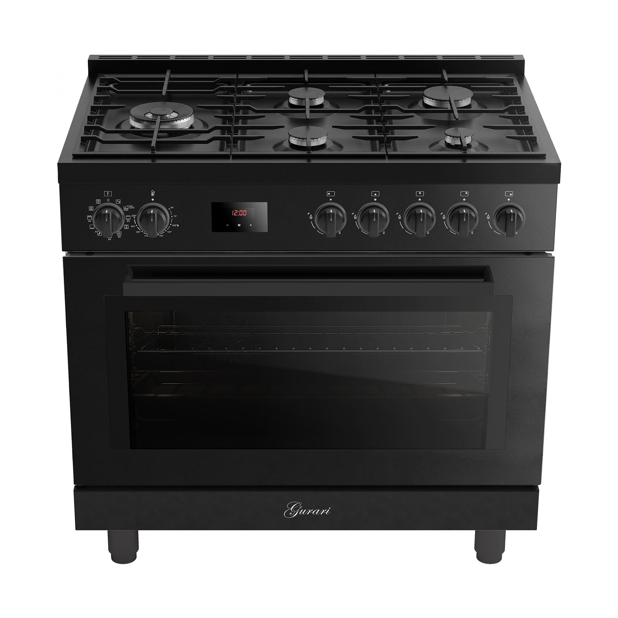GURARI Gasherd-Set 126 L XXL Backofen, Air Fry Funktion, elektrischer Drehspieß, Hydro Clean, katalytische Selbstreinigung, 4,0 kW Dreikreis WOK Brenner, Erdgas und Flüssiggas, 1000 m³/h Dunstabzugshaube GCH E 818 BL+GCH 286 BL 90 PRIME N, mit 1-fach-Teleskopauszug, Hydro Clean, Katalytische Selbstreinigung, Küchen Set Gasherd mit Dunstabzugshaube 90 cm Schwarz