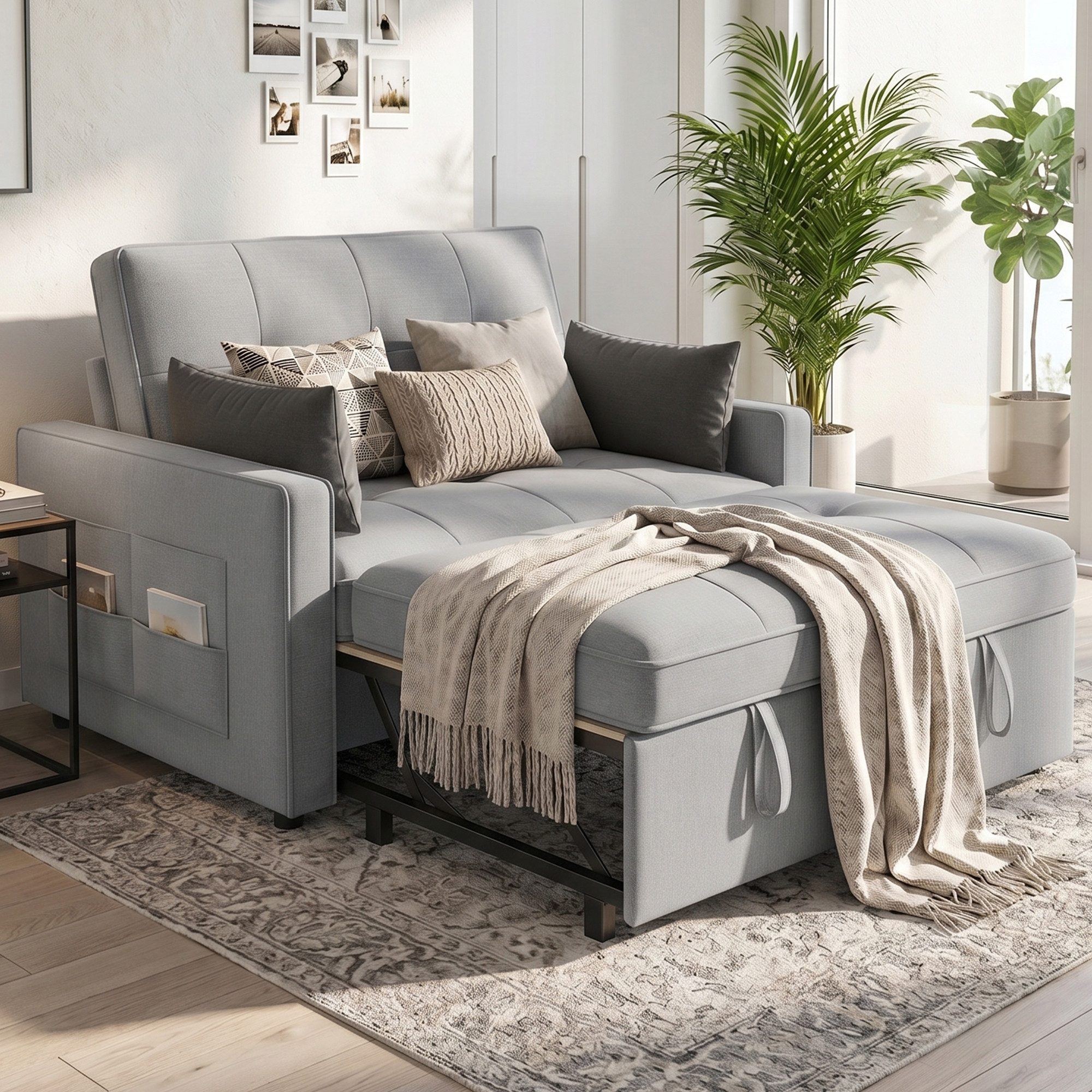 AMERLIFE Schlafsofa 3-in-1 Sofa, 5-stufig Verstellbar, mit Seitentaschen & Kissen, 122x93x94cm, 2er-Sofa mit Bettfunktion, 300kg tragbar