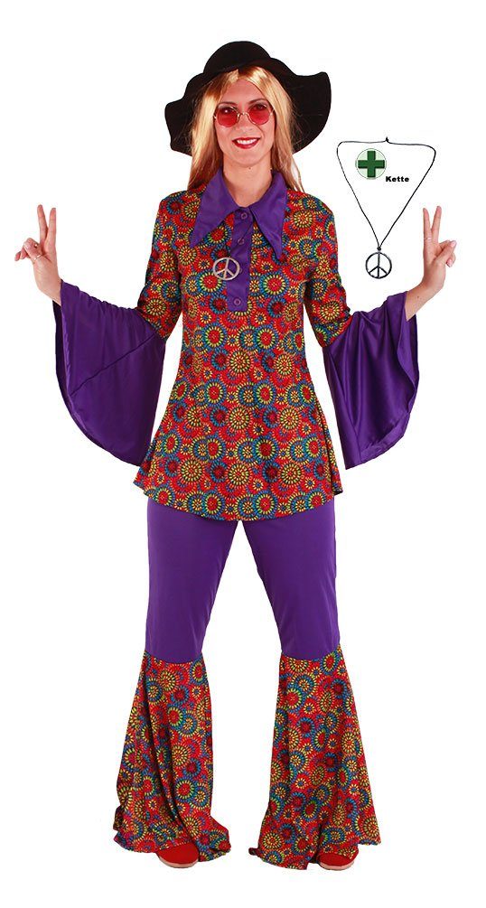 Karneval-Klamotten Hippie-Kostüm »Damenkostüm 60er Jahre mit Peace Kette«,  Retro Anzug lila-bunt mit Kragen, Hippie-Hemd, Schlaghose und Halskette  online kaufen | OTTO